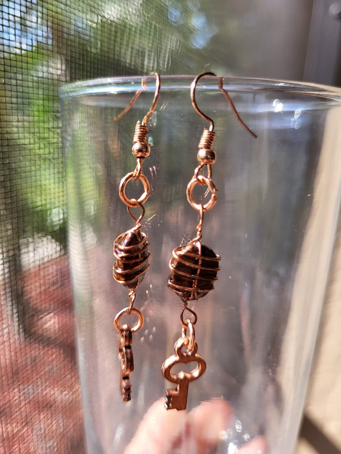 Gold Wire Wrapped Coffee Bean Key Hook Earrings