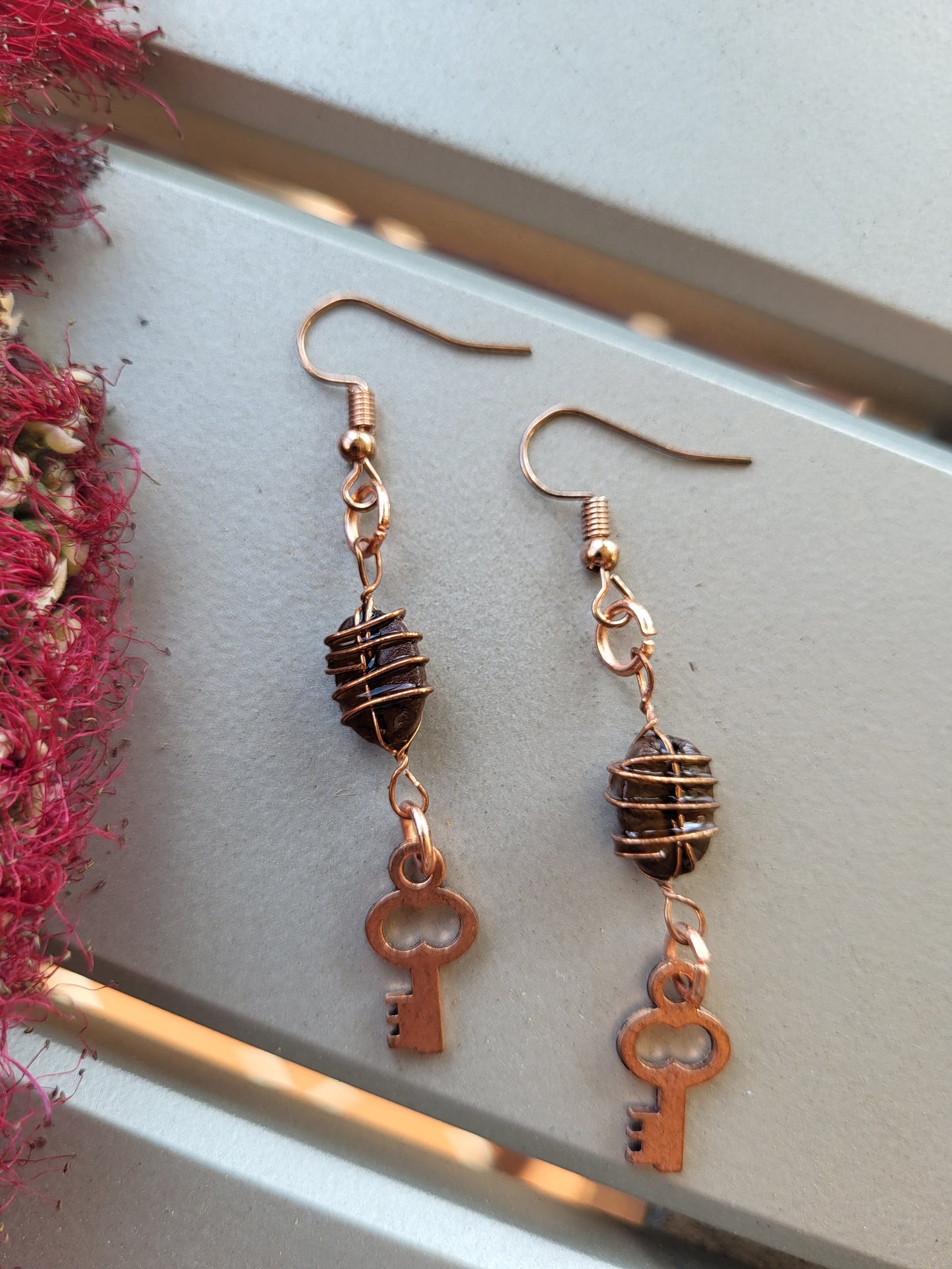 Gold Wire Wrapped Coffee Bean Key Hook Earrings