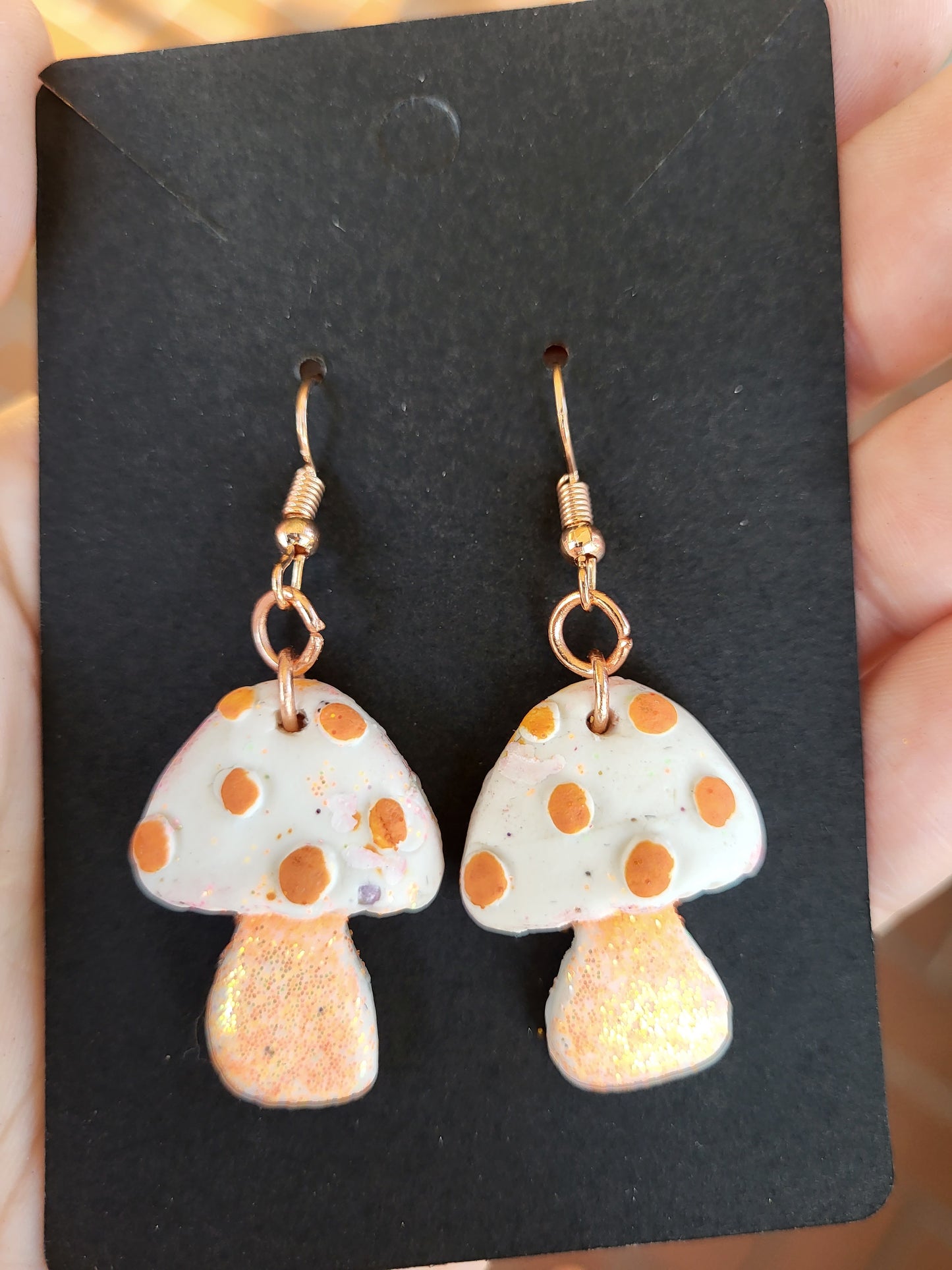 Orange and White Clay Mushroom Hook Earrings