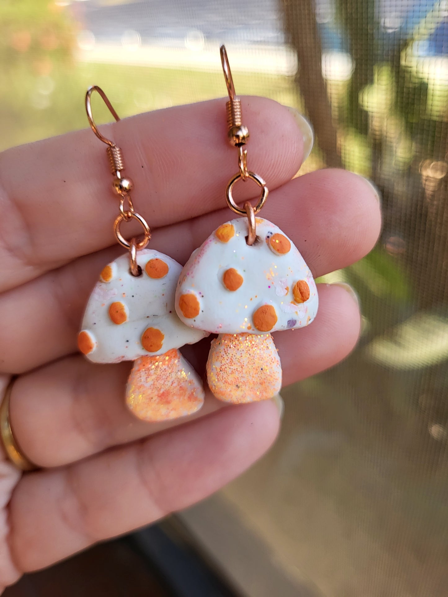 Orange and White Clay Mushroom Hook Earrings