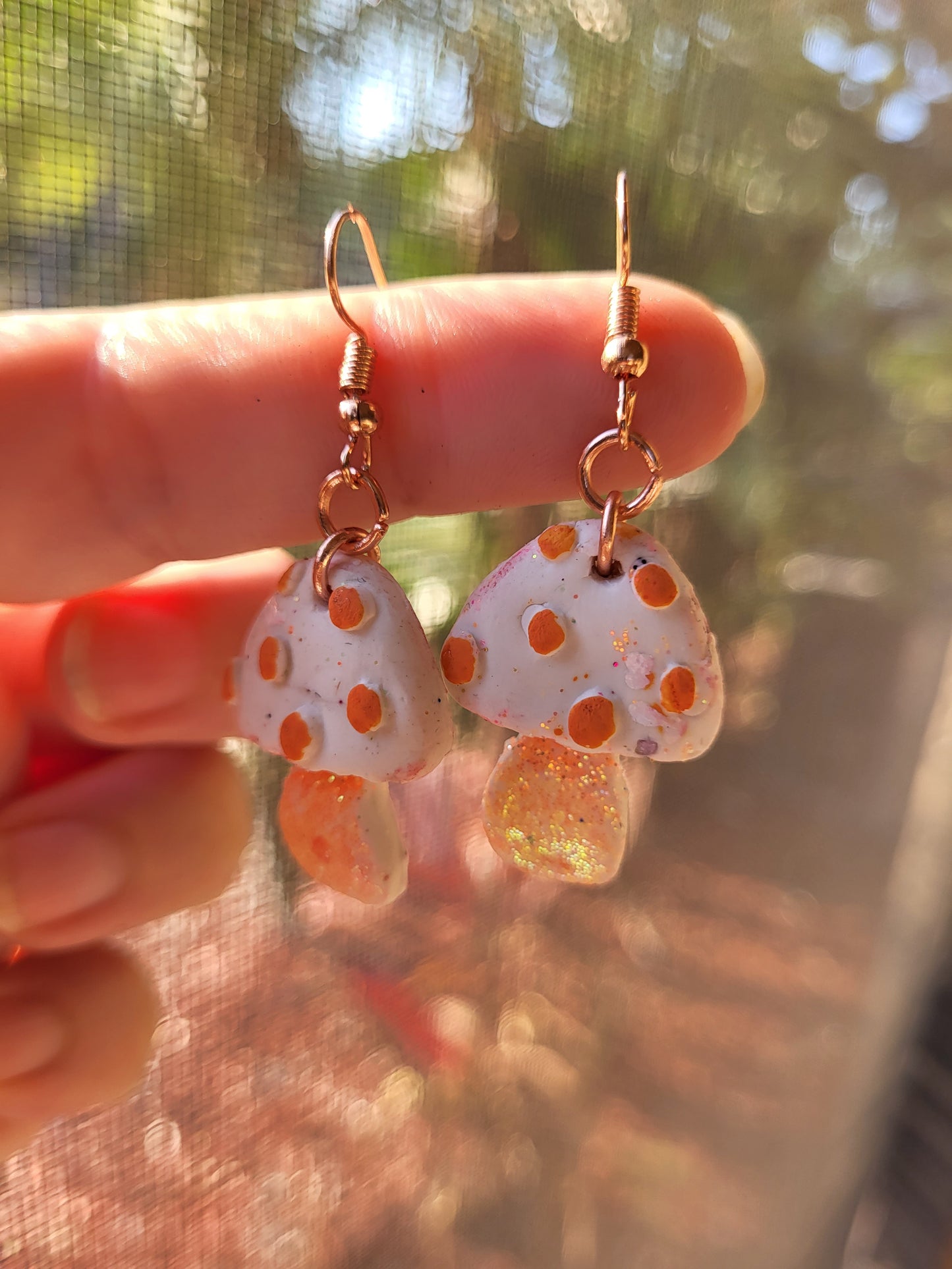 Orange and White Clay Mushroom Hook Earrings