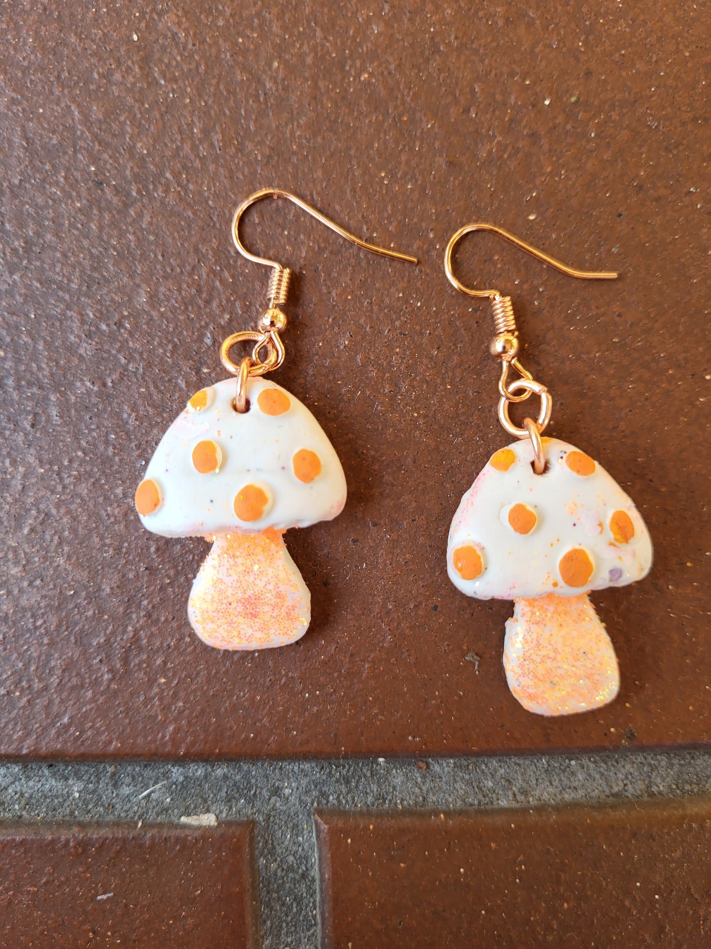 Orange and White Clay Mushroom Hook Earrings