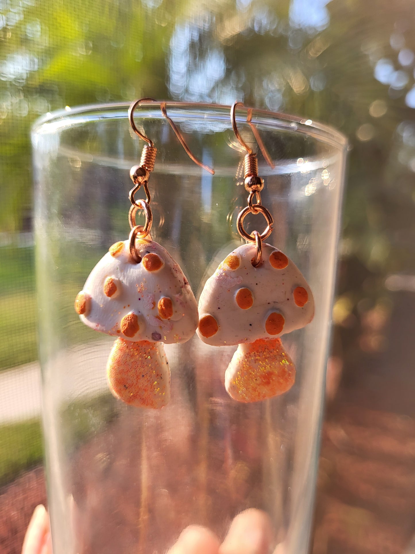 Orange and White Clay Mushroom Hook Earrings