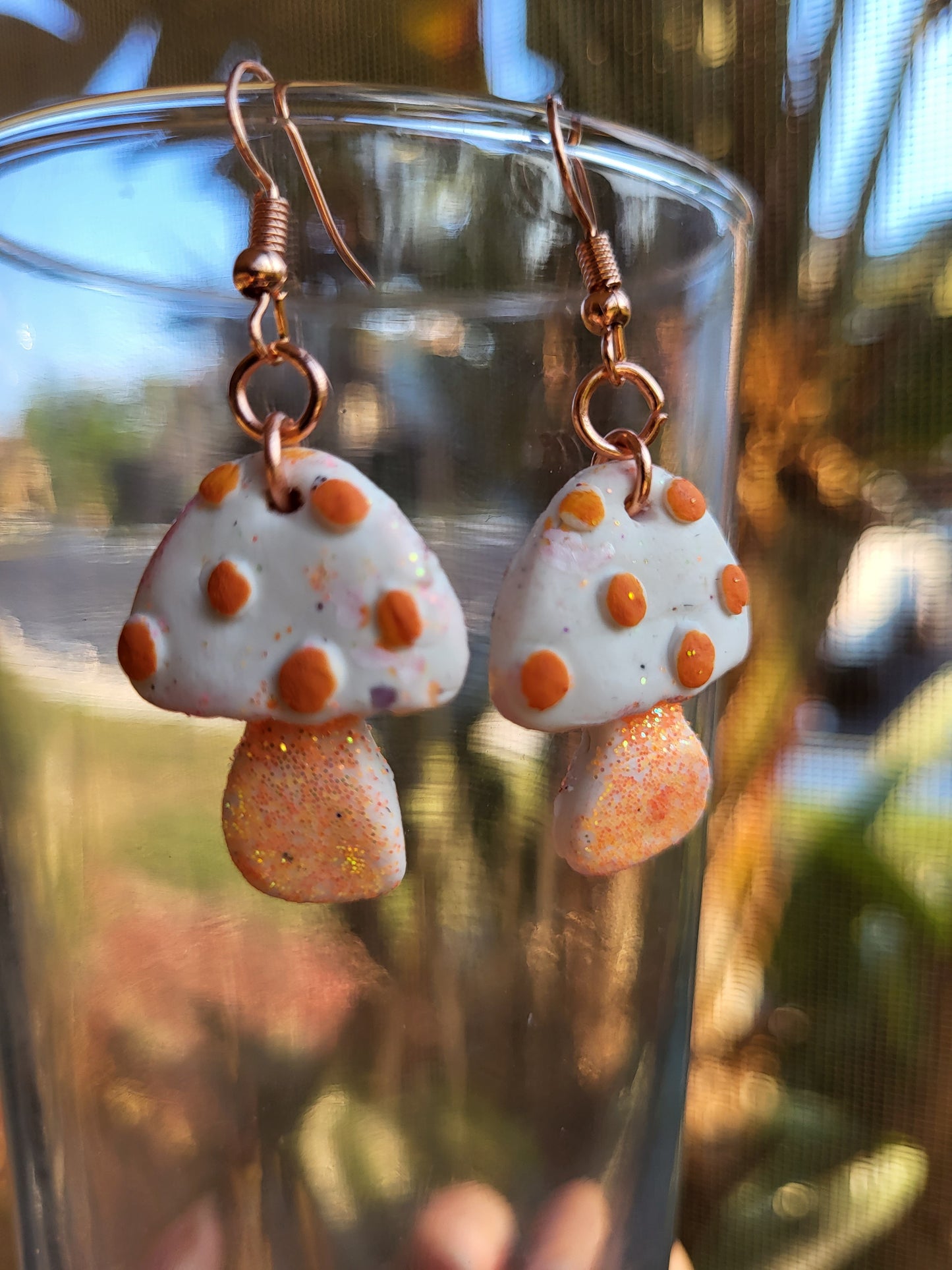 Orange and White Clay Mushroom Hook Earrings