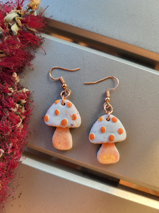 Orange and White Clay Mushroom Hook Earrings