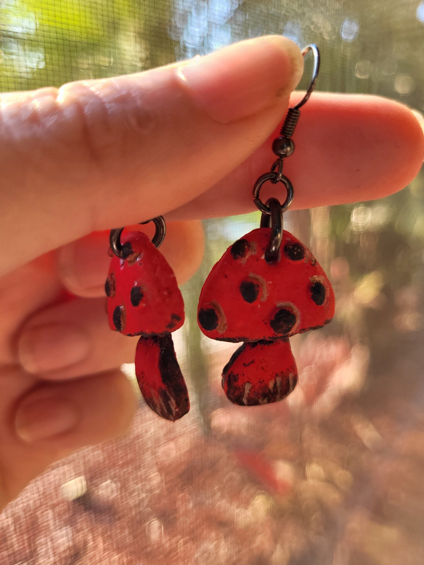 Black and Red Clay Mushroom Earrings