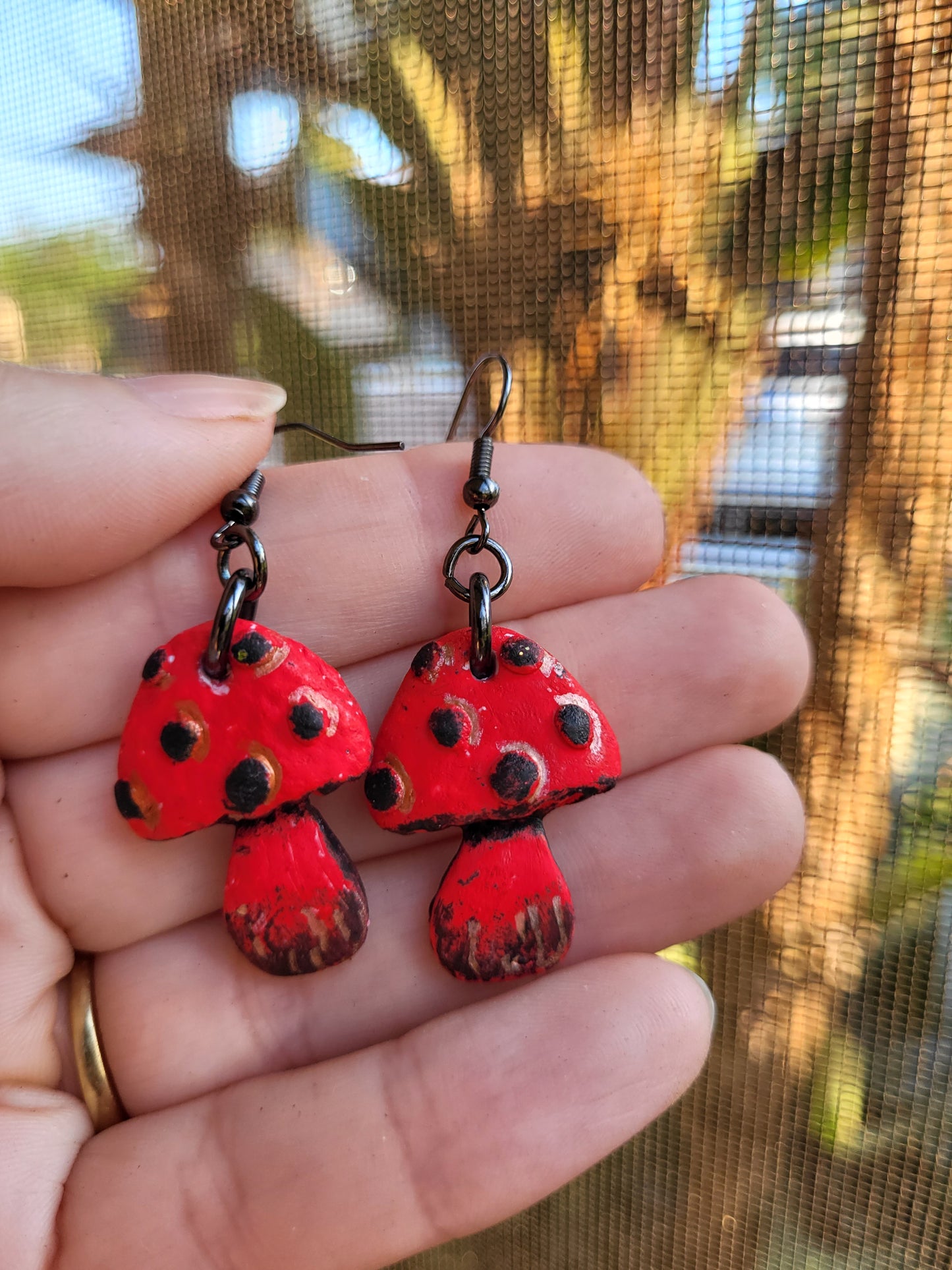 Black and Red Clay Mushroom Earrings