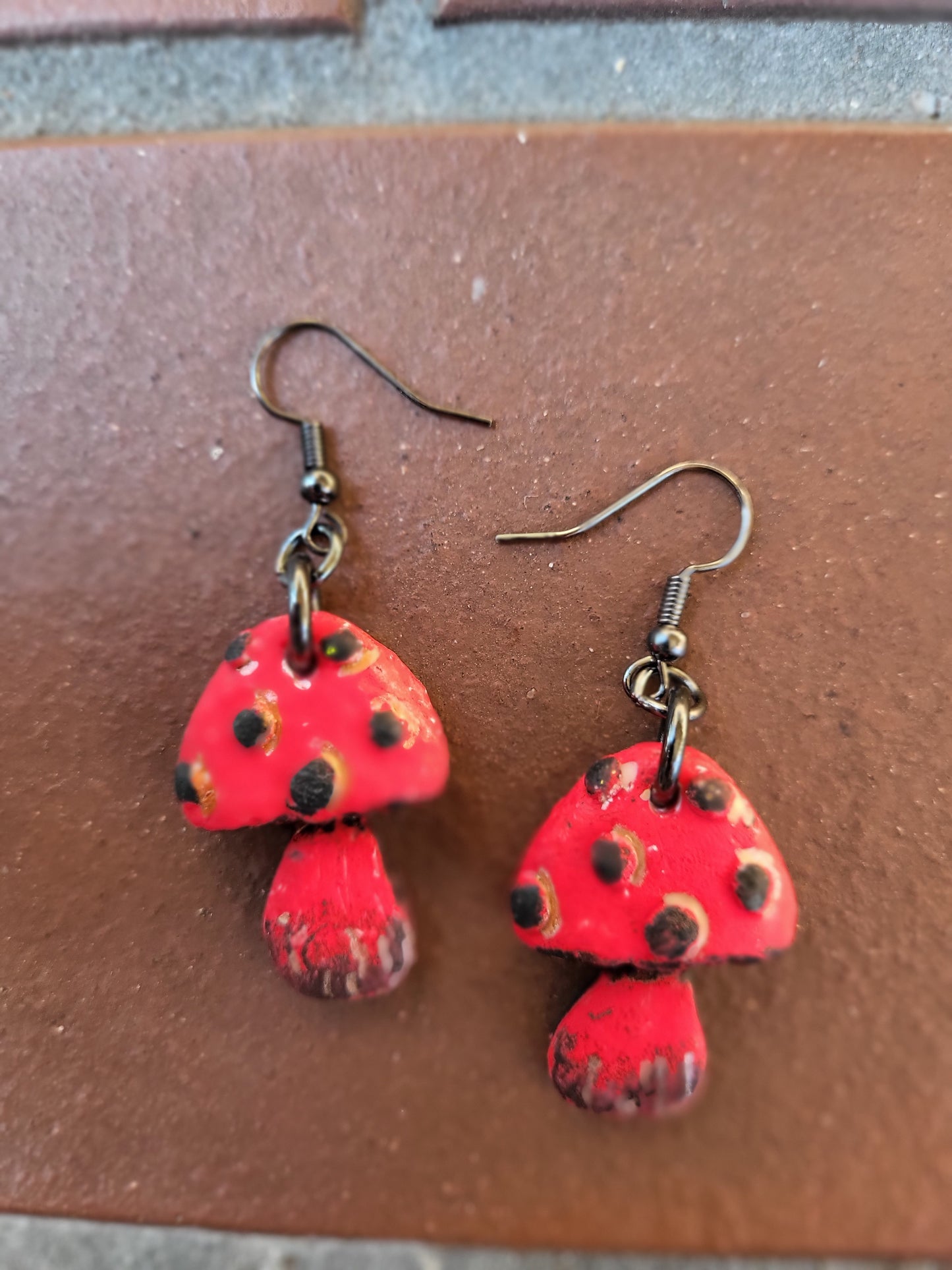 Black and Red Clay Mushroom Earrings