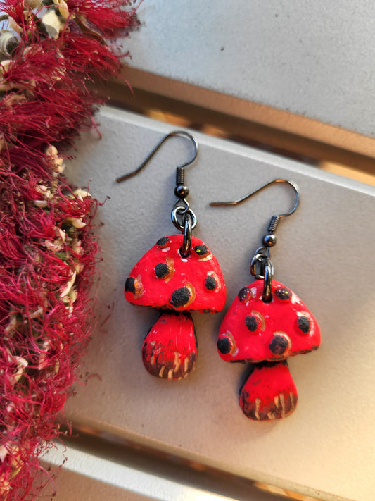 Black and Red Clay Mushroom Earrings