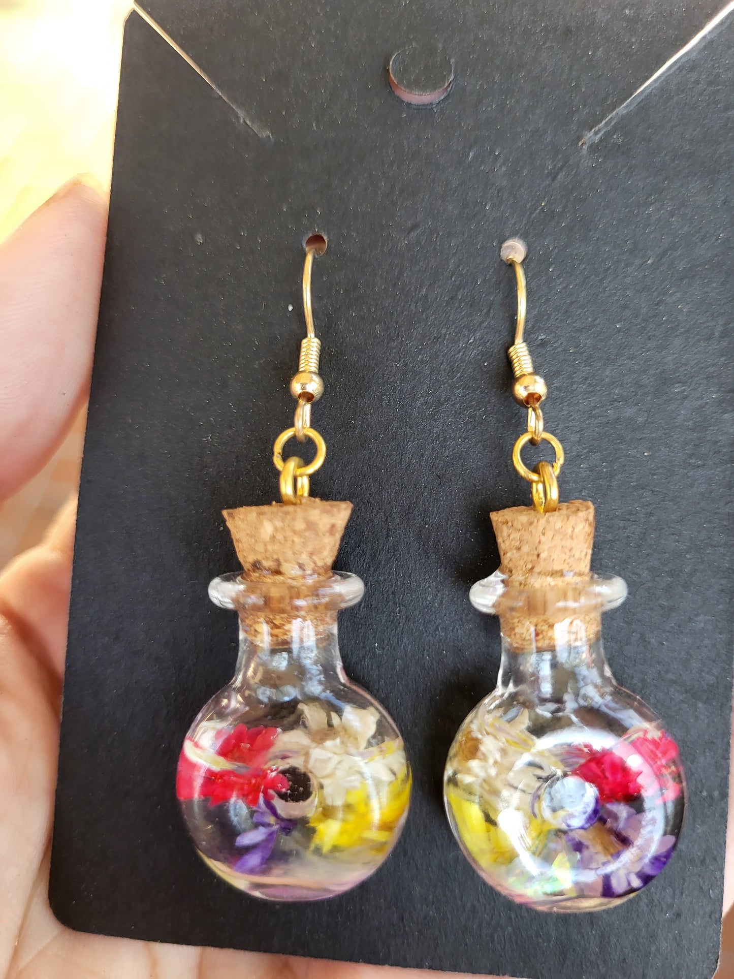 Corked Bottle Earrings With Real Dried Flowers