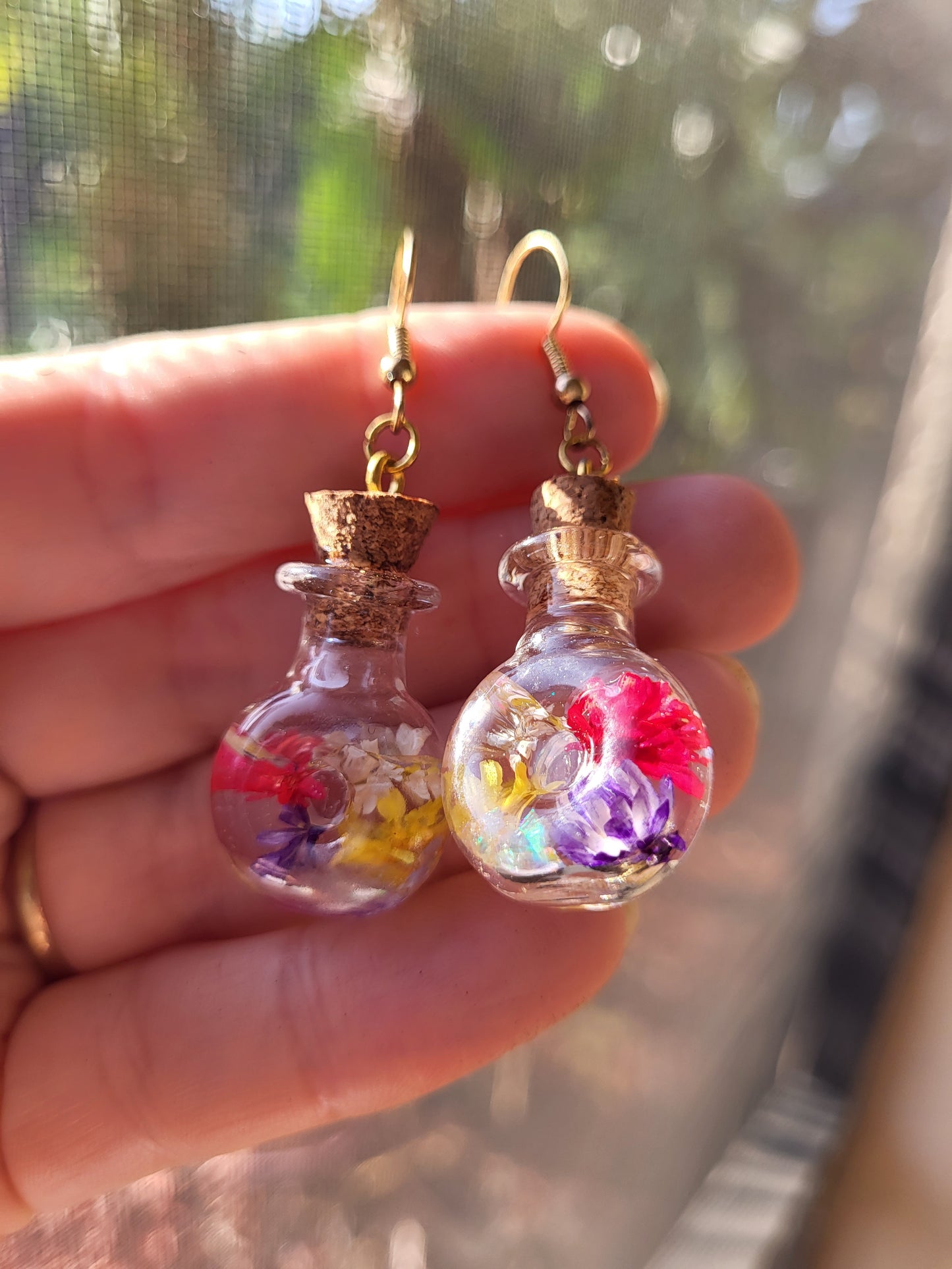 Corked Bottle Earrings With Real Dried Flowers