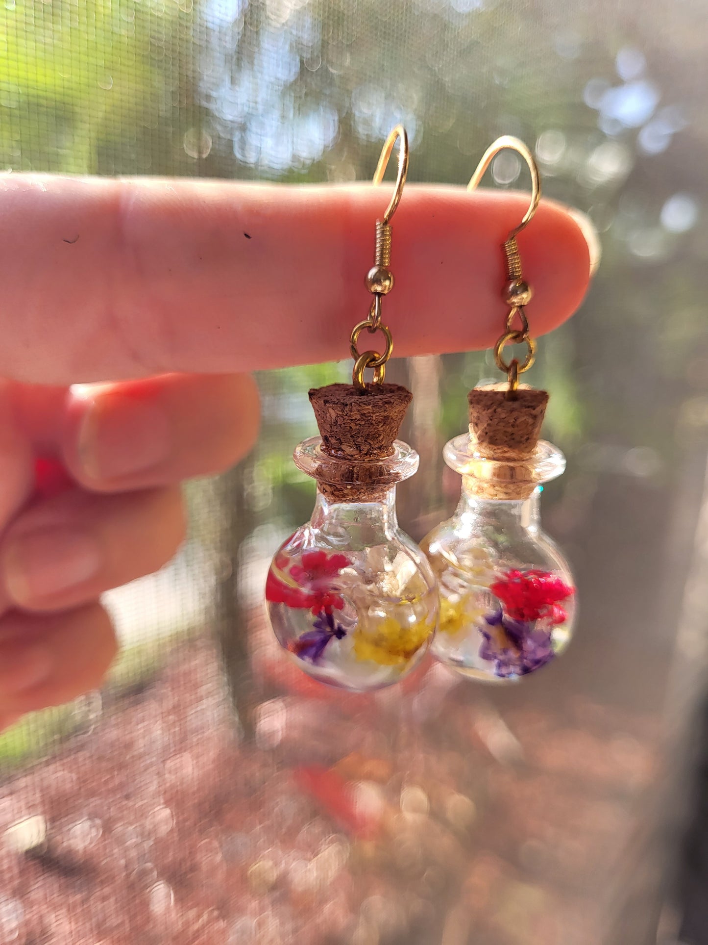 Corked Bottle Earrings With Real Dried Flowers