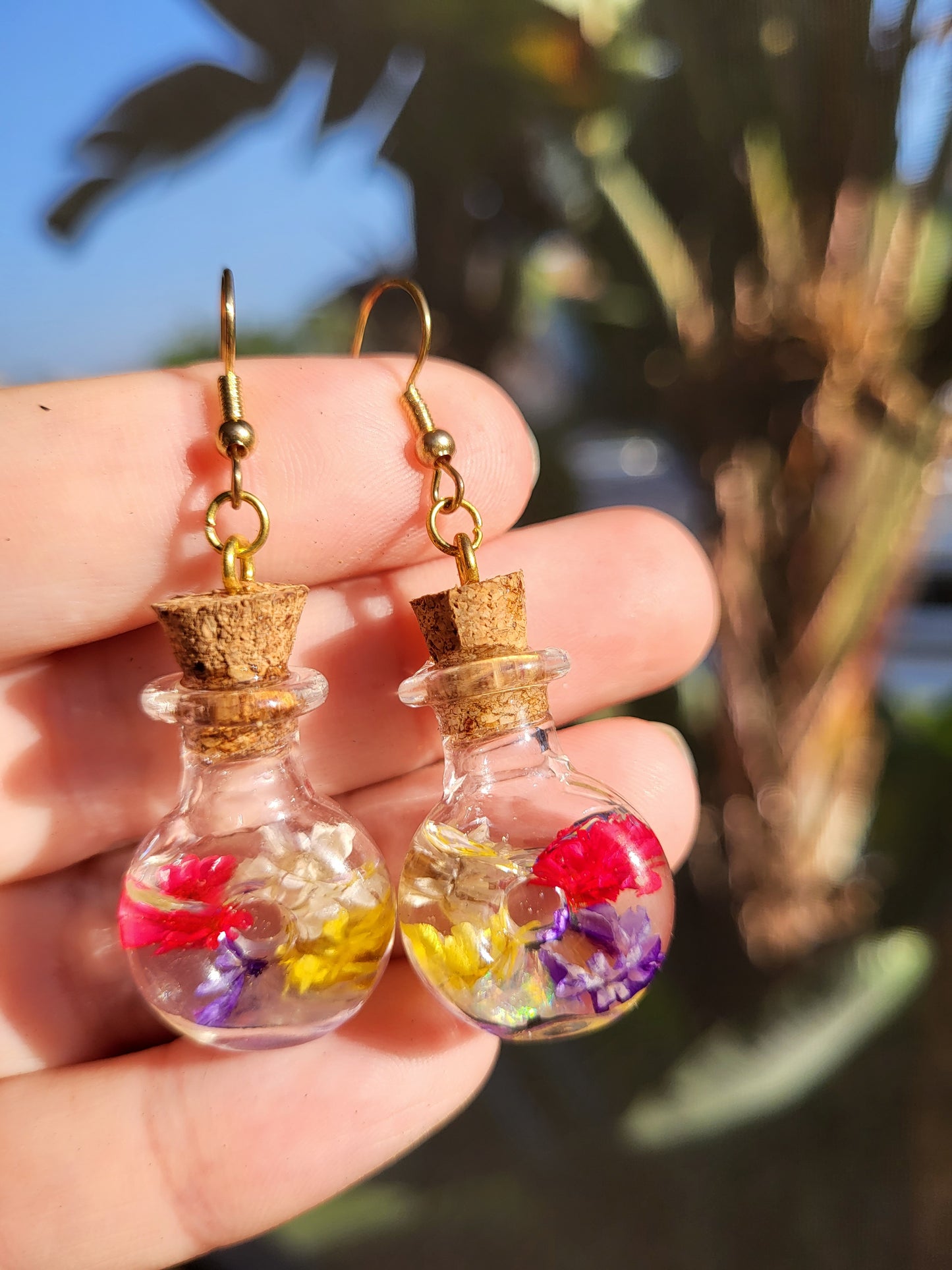 Corked Bottle Earrings With Real Dried Flowers