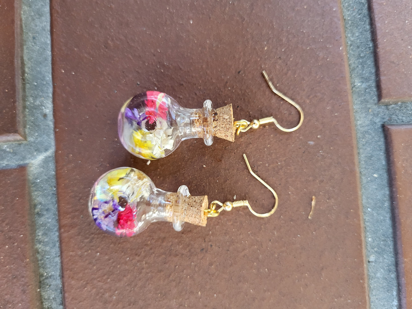 Corked Bottle Earrings With Real Dried Flowers