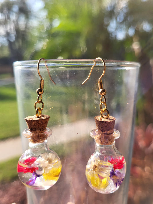 Corked Bottle Earrings With Real Dried Flowers