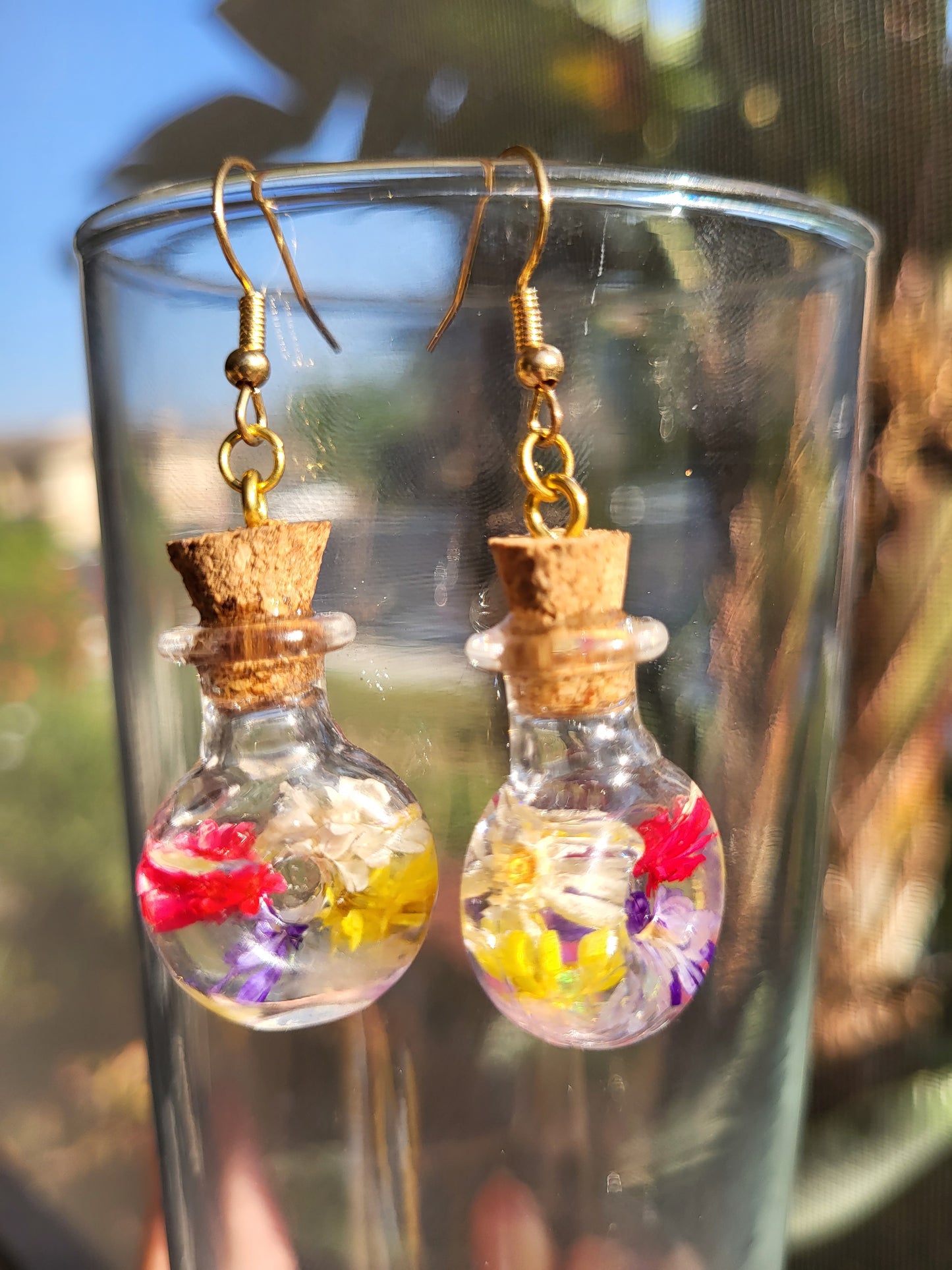 Corked Bottle Earrings With Real Dried Flowers