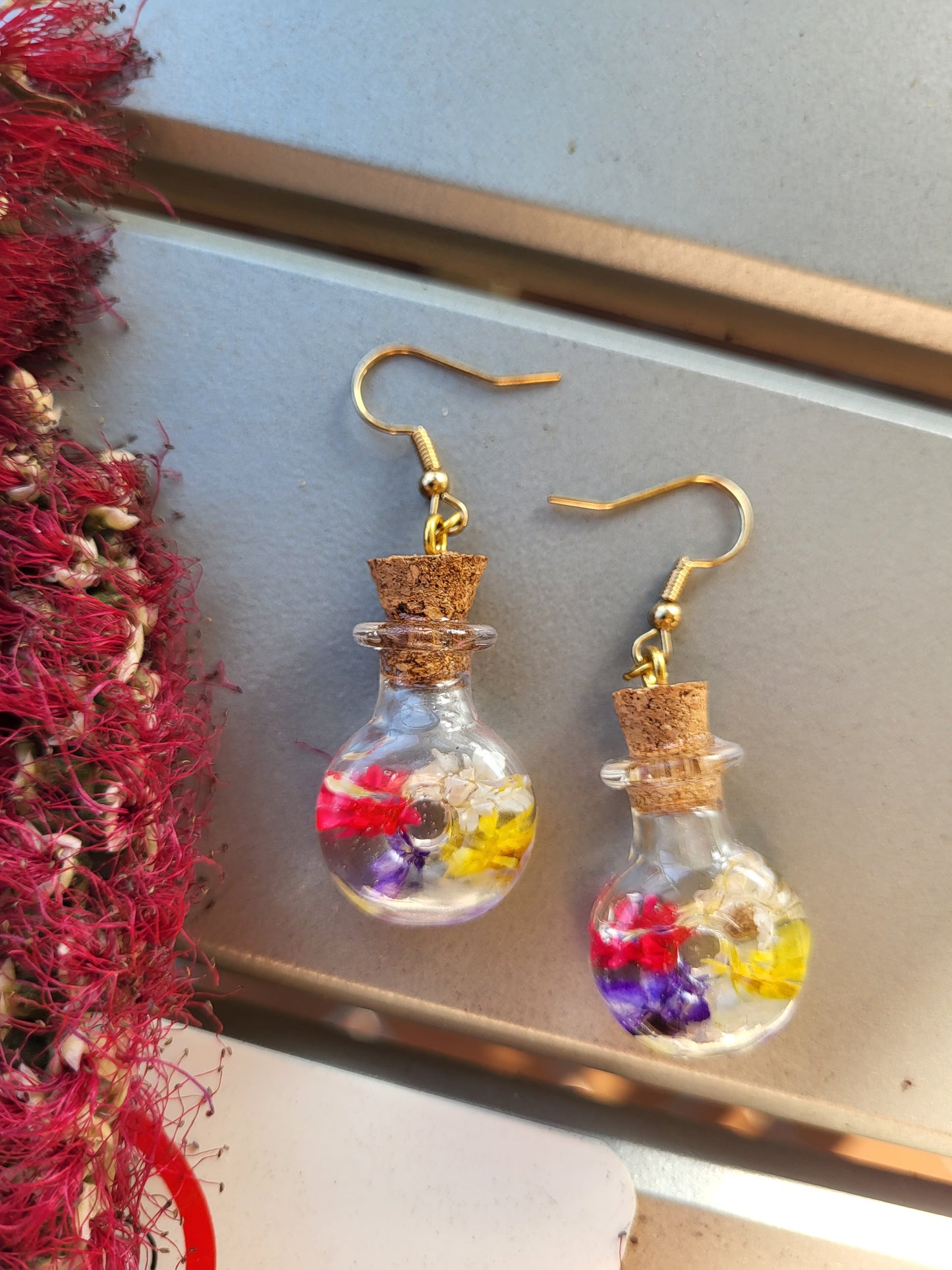 Corked Bottle Earrings With Real Dried Flowers