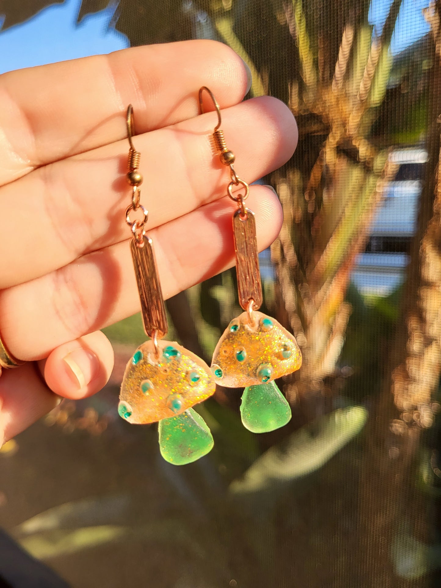 Orange and Green Mushroom Earrings