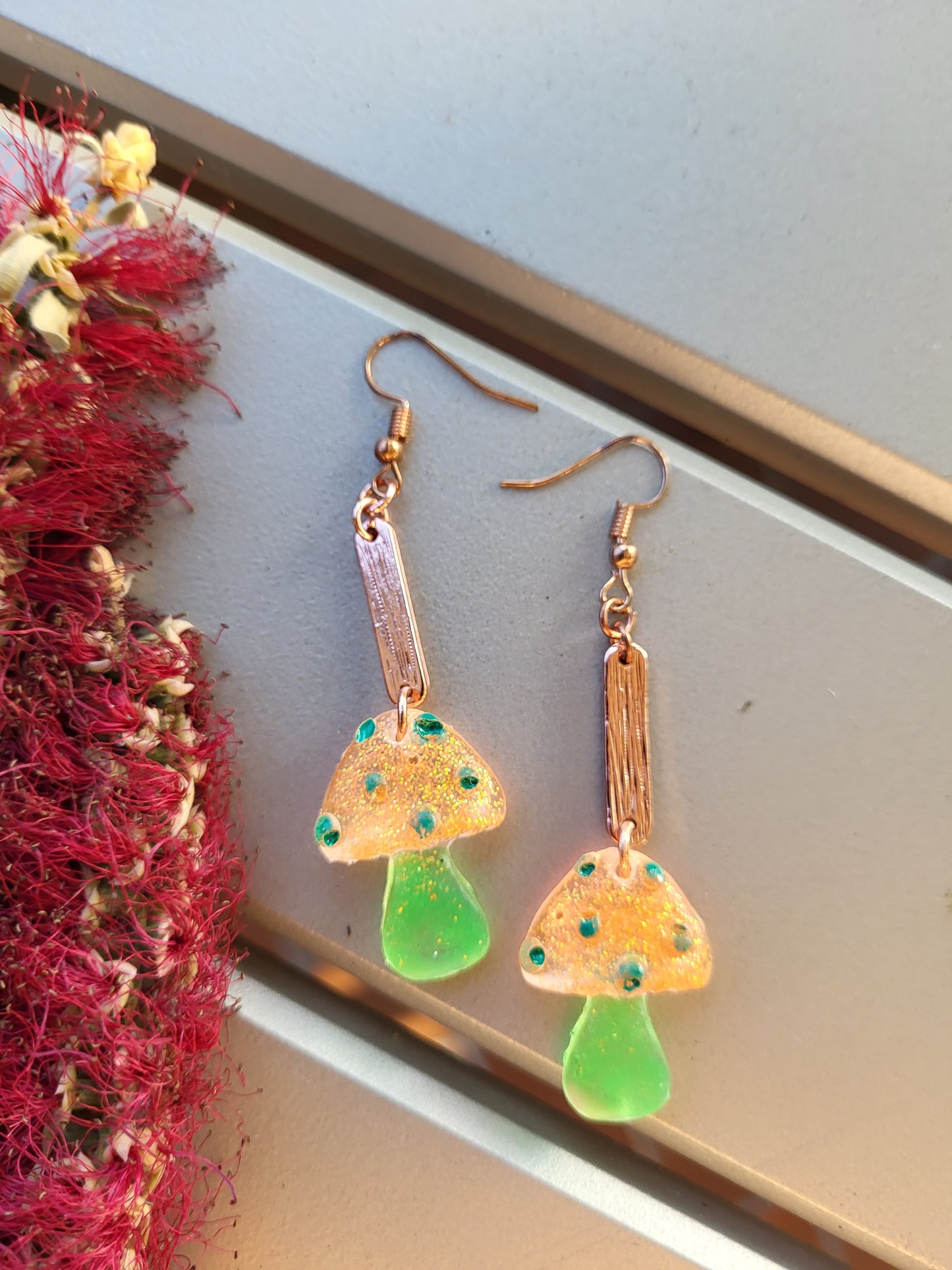 Orange and Green Mushroom Earrings