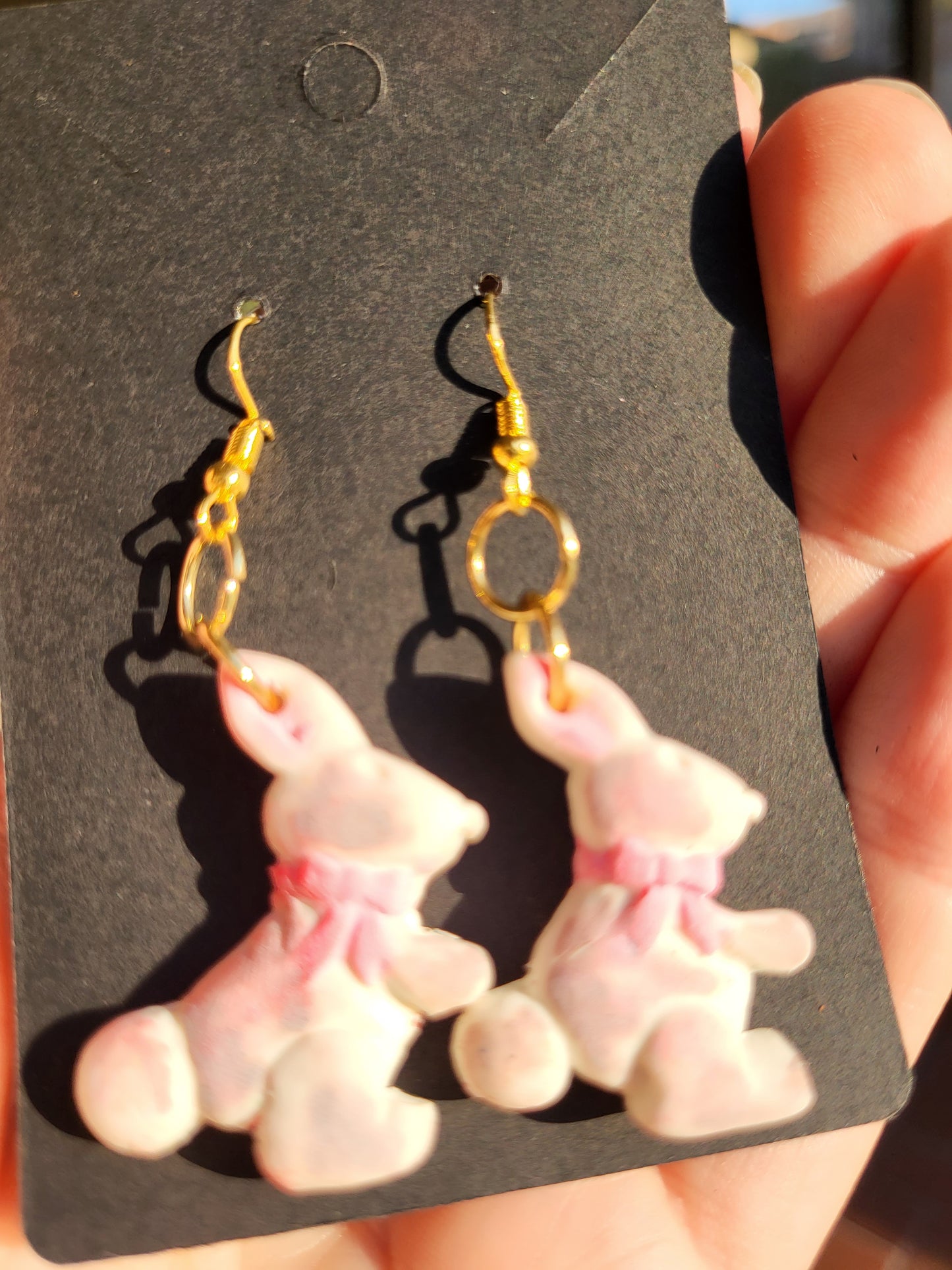 White & Brown Bunny Hook Earrings With Pink Bow