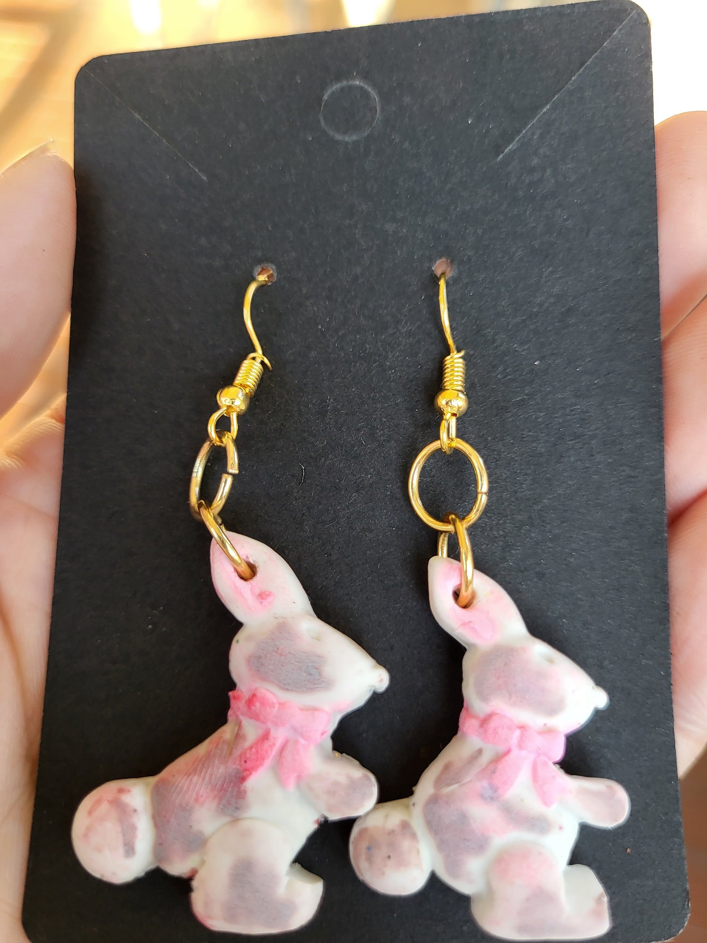 White & Brown Bunny Hook Earrings With Pink Bow