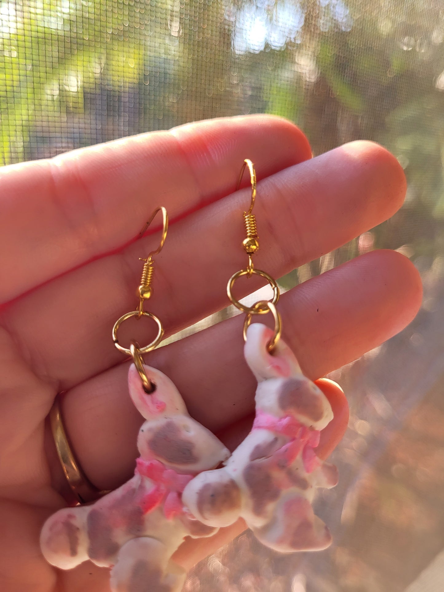 White & Brown Bunny Hook Earrings With Pink Bow