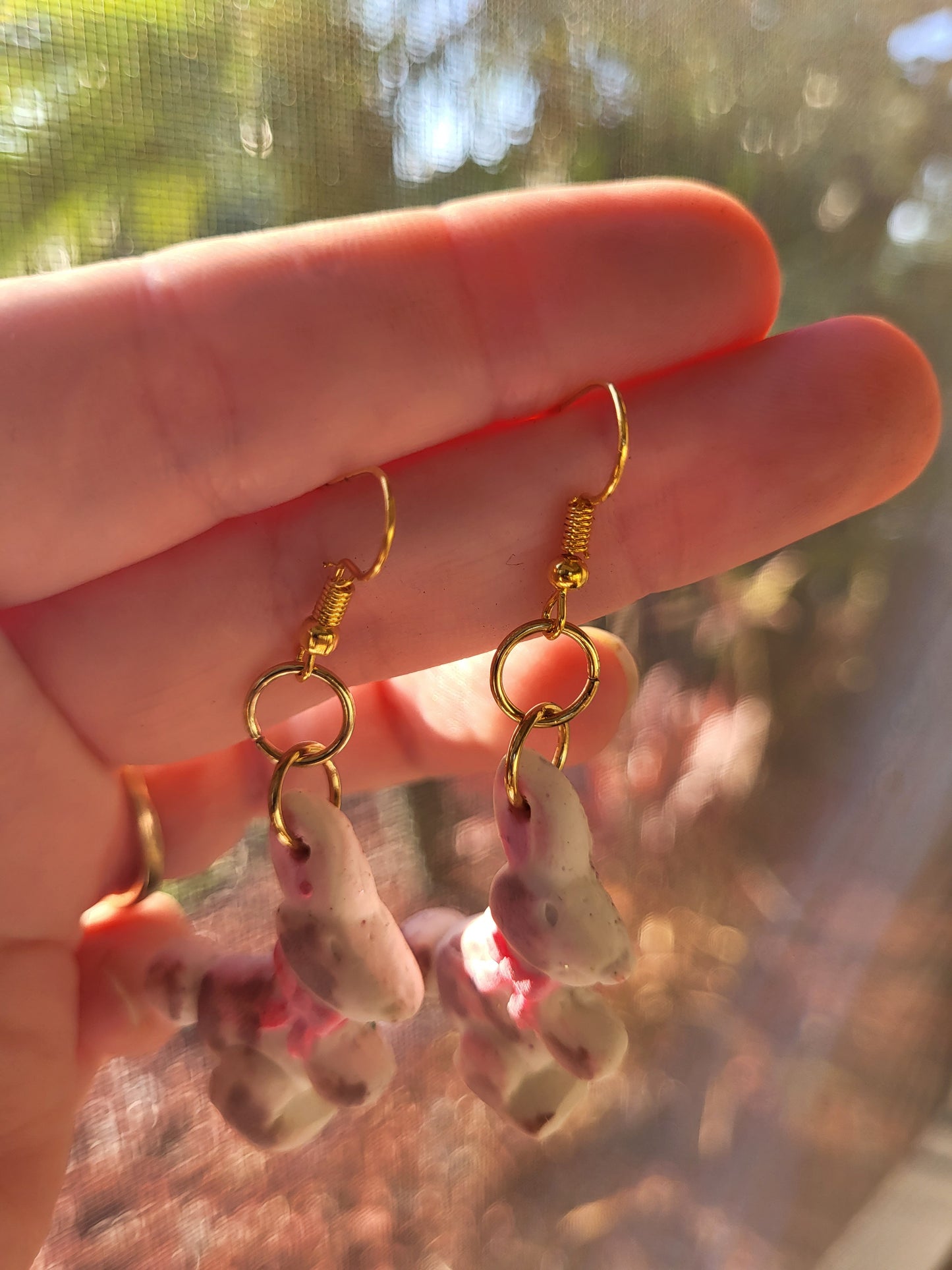 White & Brown Bunny Hook Earrings With Pink Bow