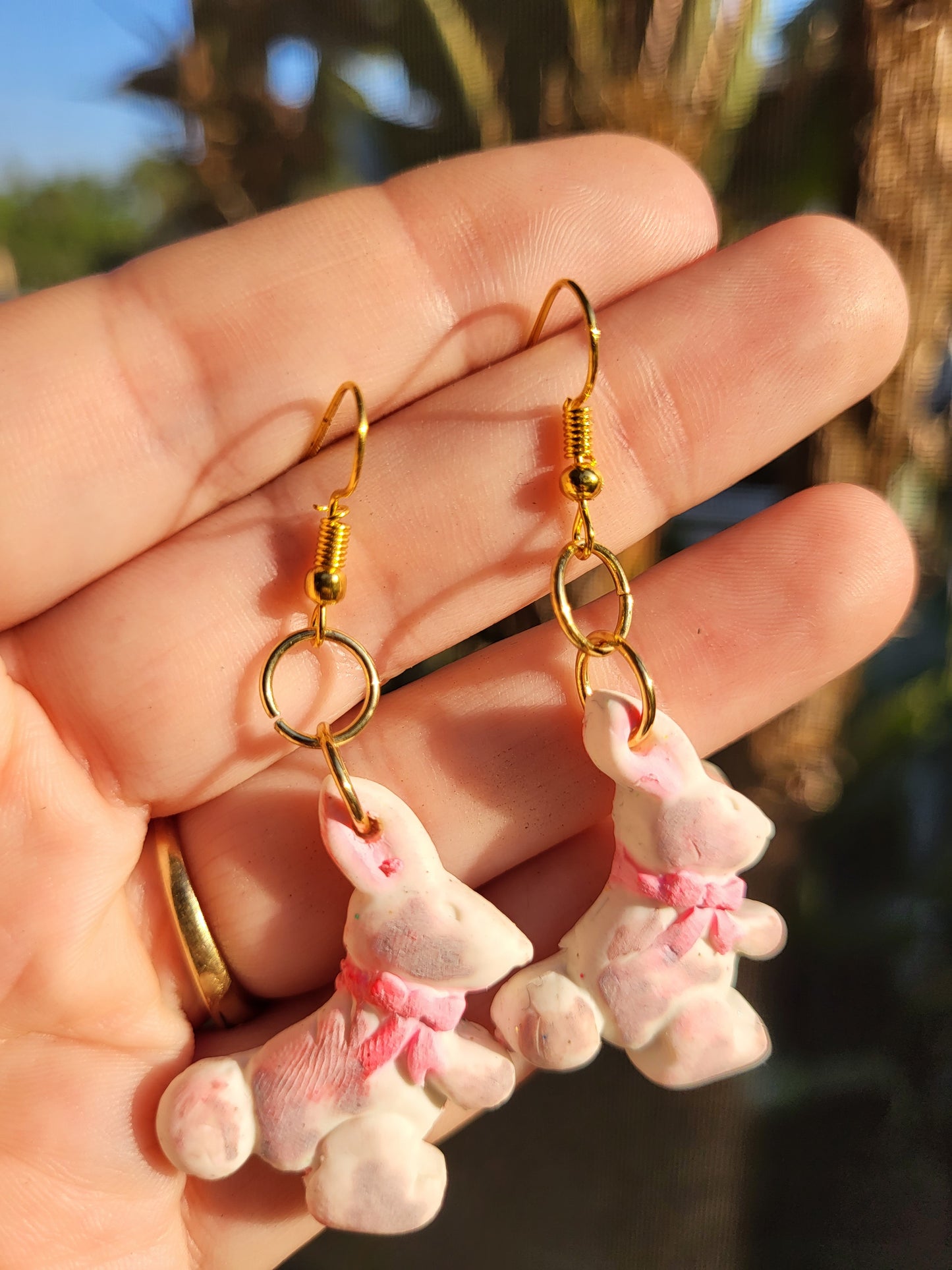 White & Brown Bunny Hook Earrings With Pink Bow