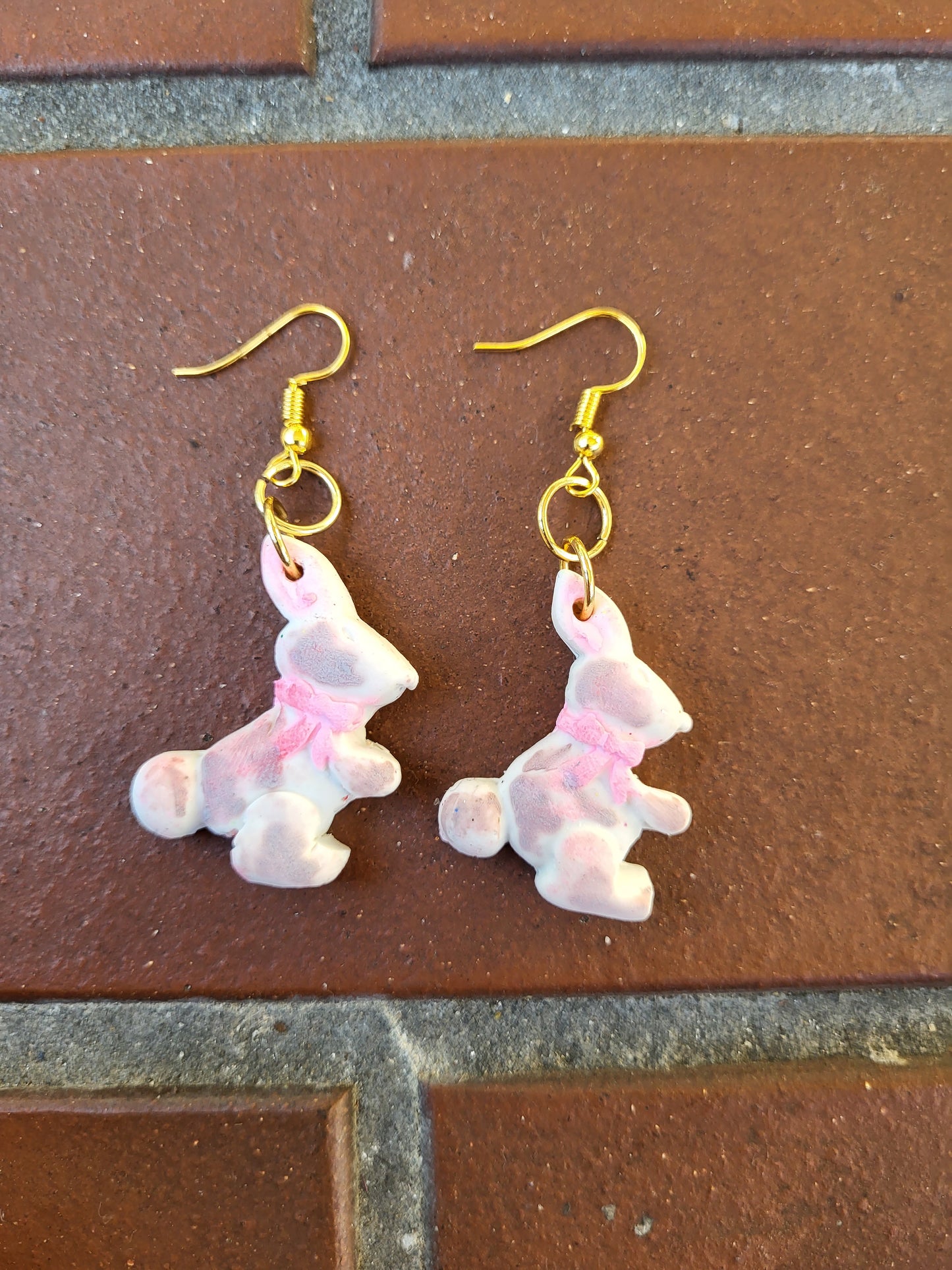 White & Brown Bunny Hook Earrings With Pink Bow