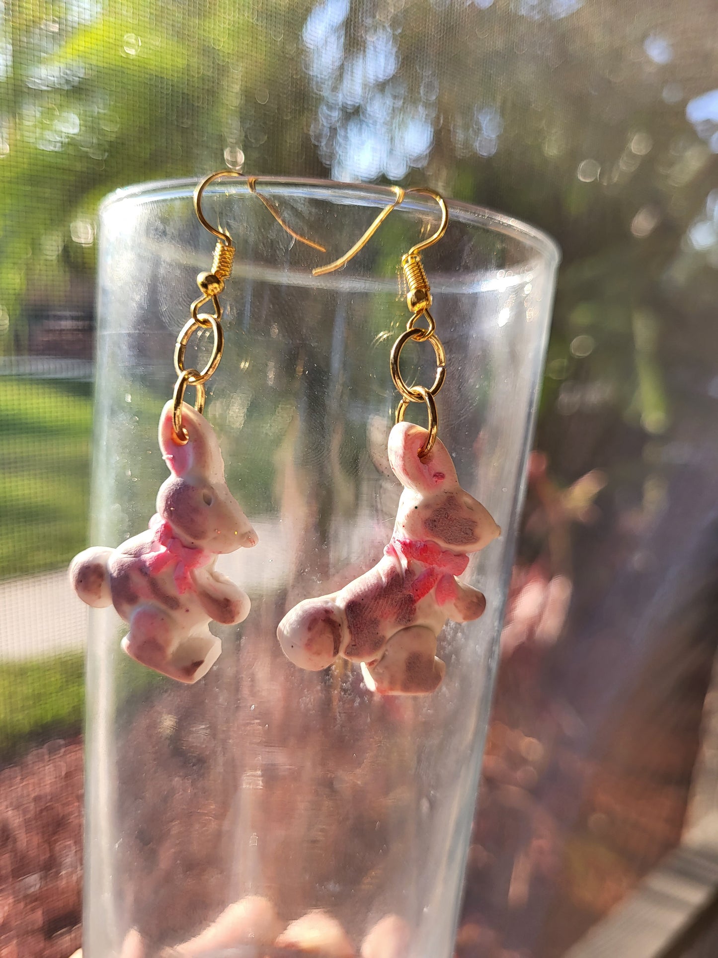 White & Brown Bunny Hook Earrings With Pink Bow