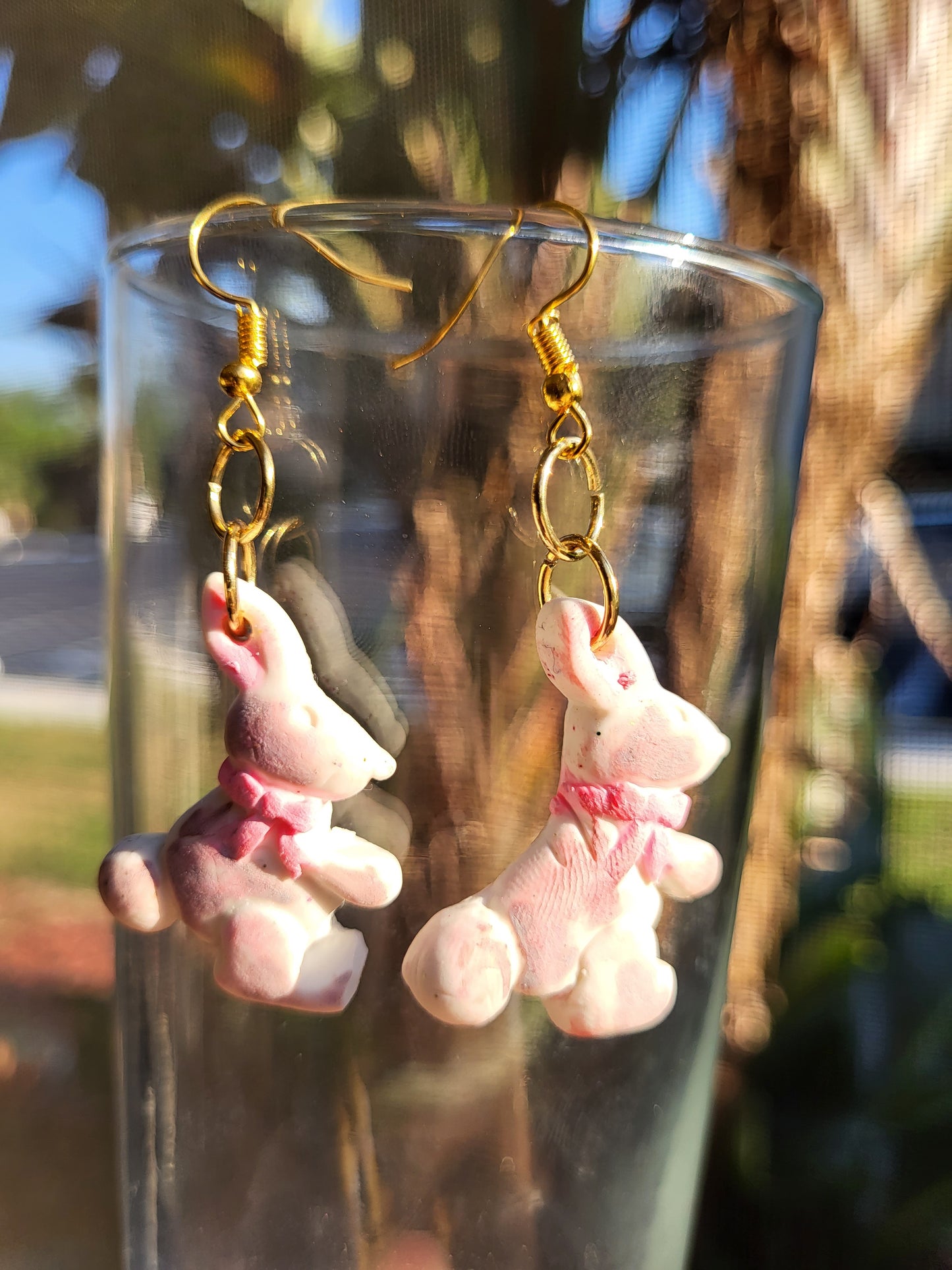 White & Brown Bunny Hook Earrings With Pink Bow