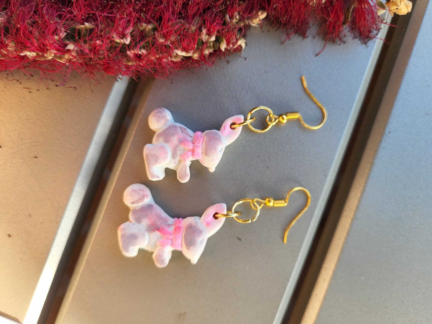 White & Brown Bunny Hook Earrings With Pink Bow