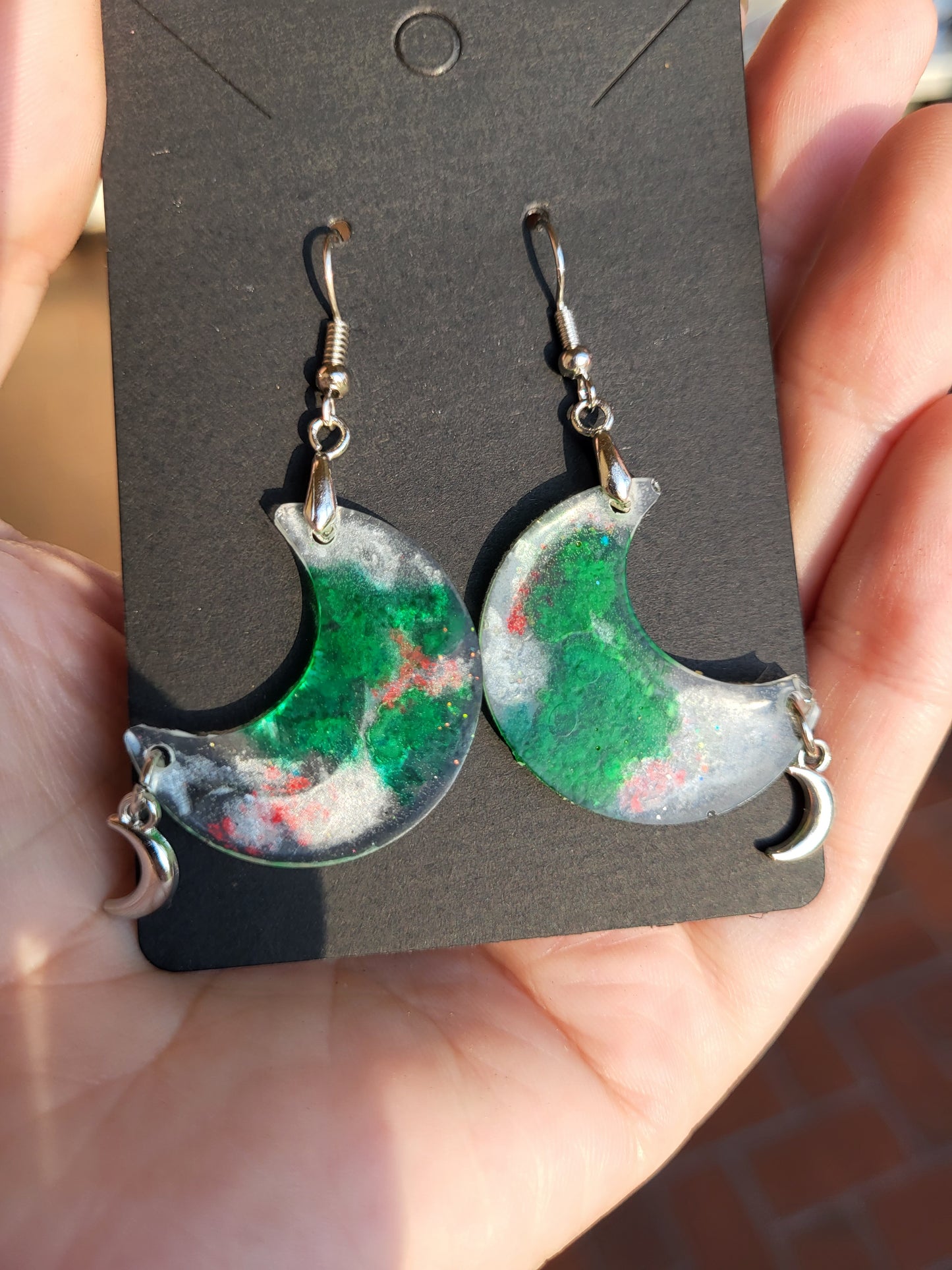 Silver and Green Moon Hook Earrings