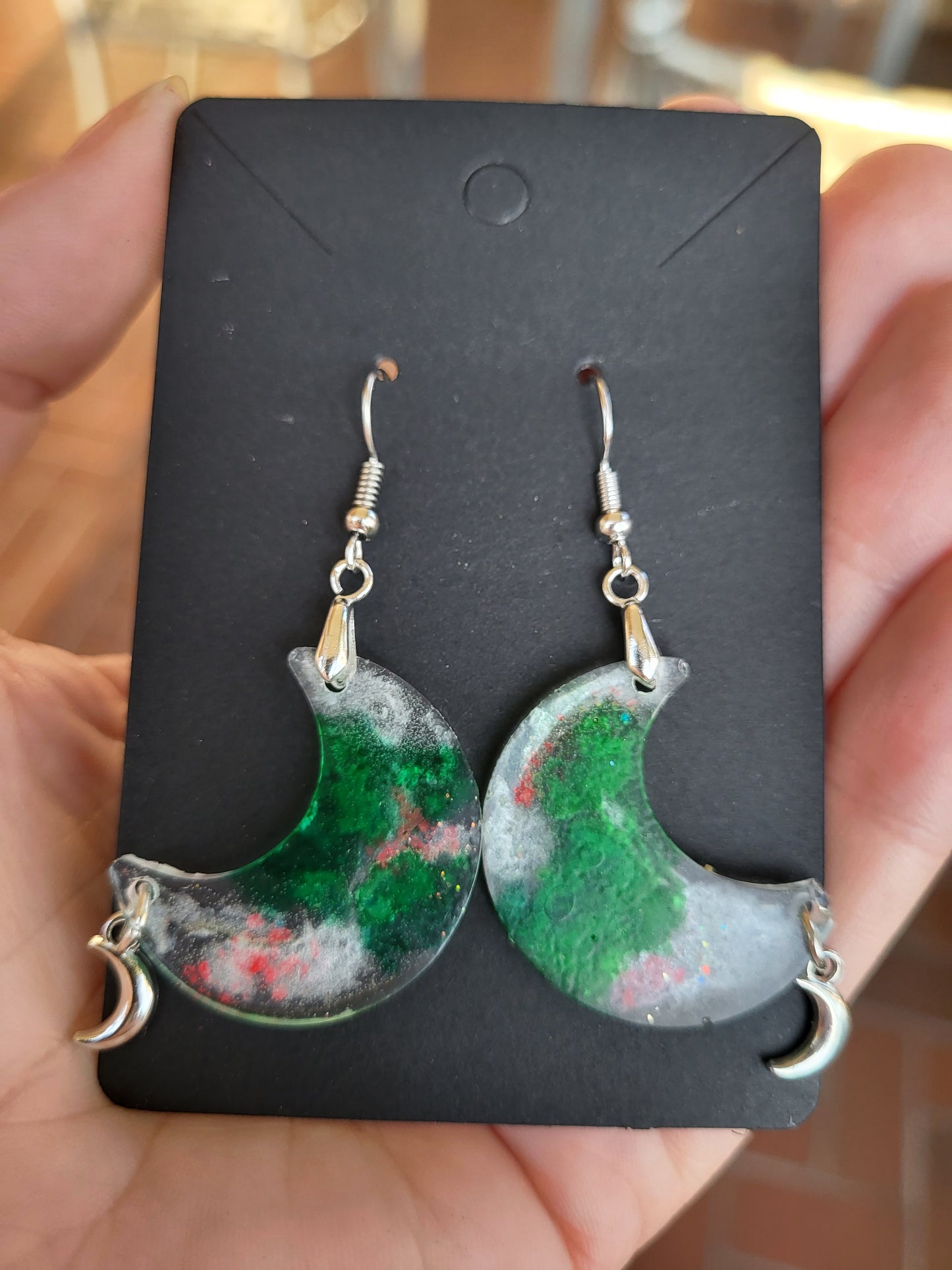 Silver and Green Moon Hook Earrings