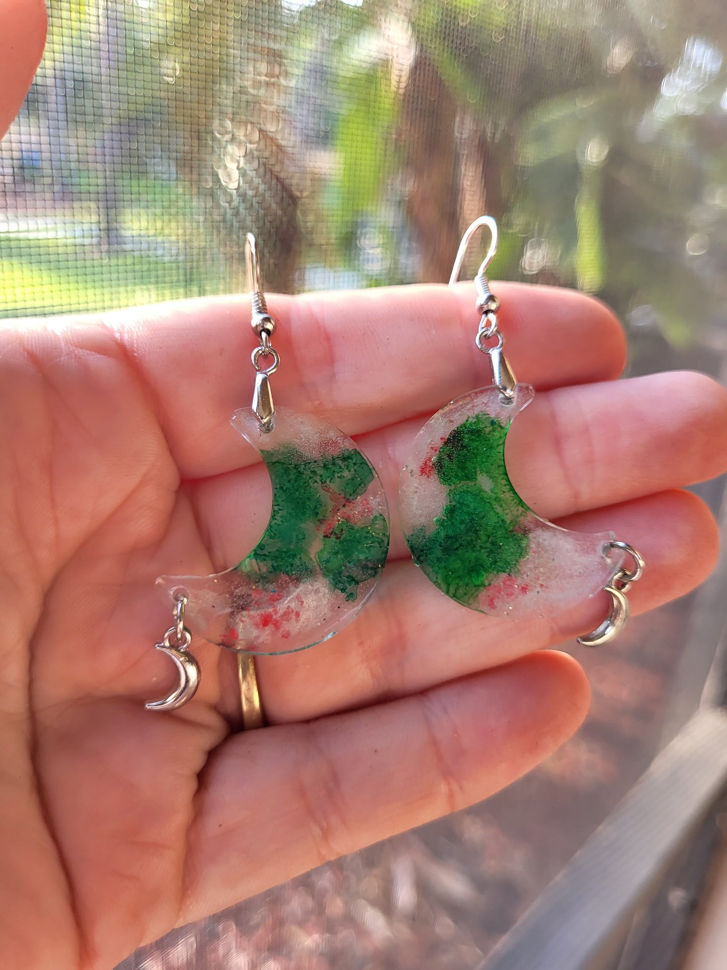 Silver and Green Moon Hook Earrings