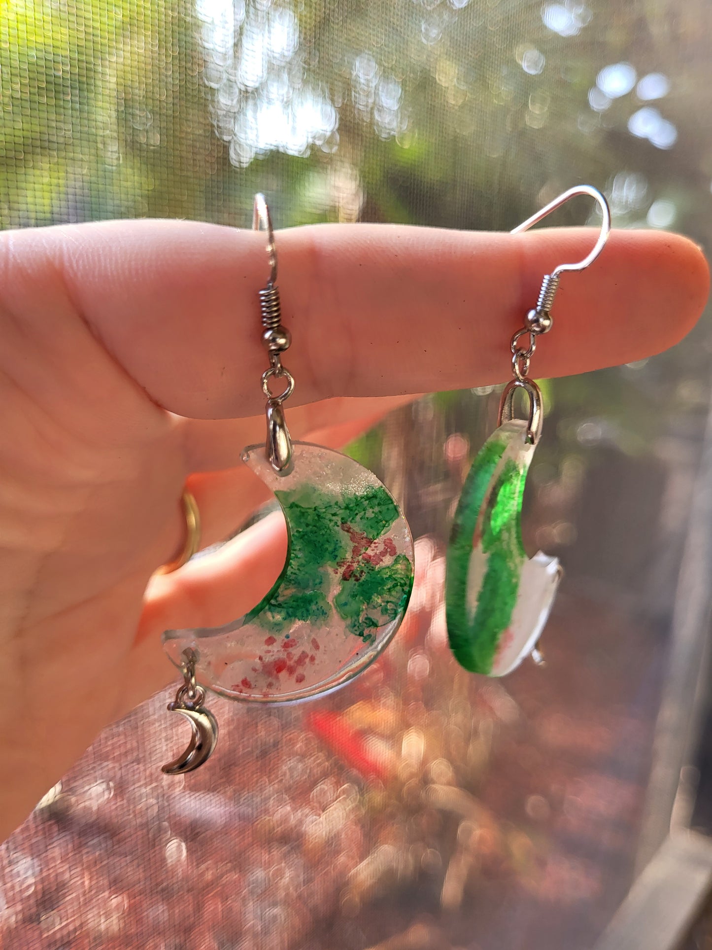 Silver and Green Moon Hook Earrings