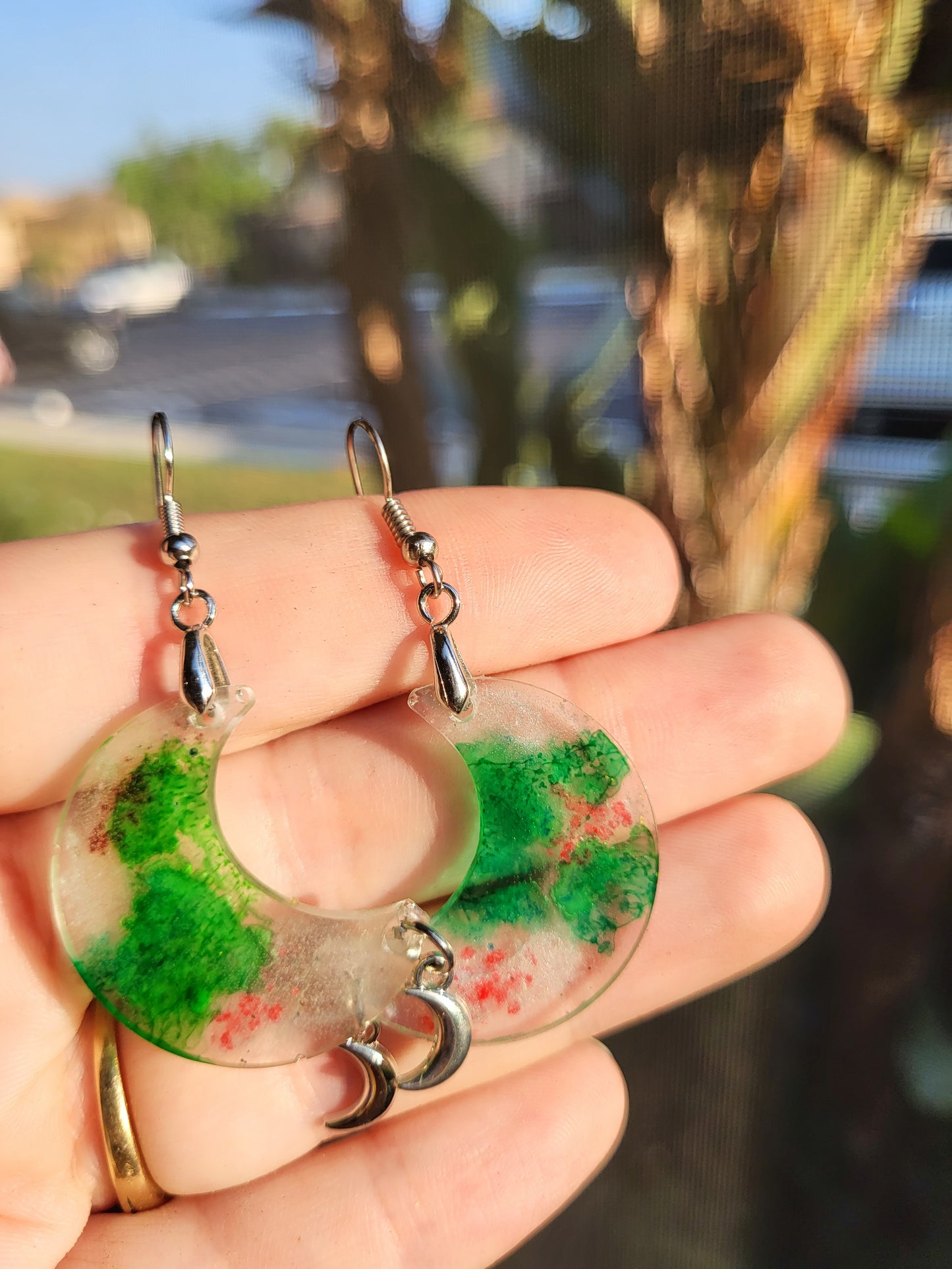 Silver and Green Moon Hook Earrings