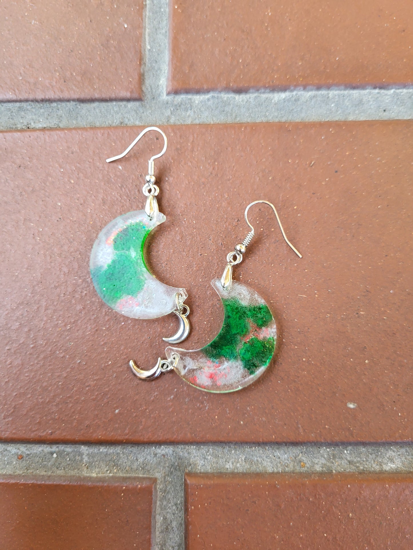 Silver and Green Moon Hook Earrings