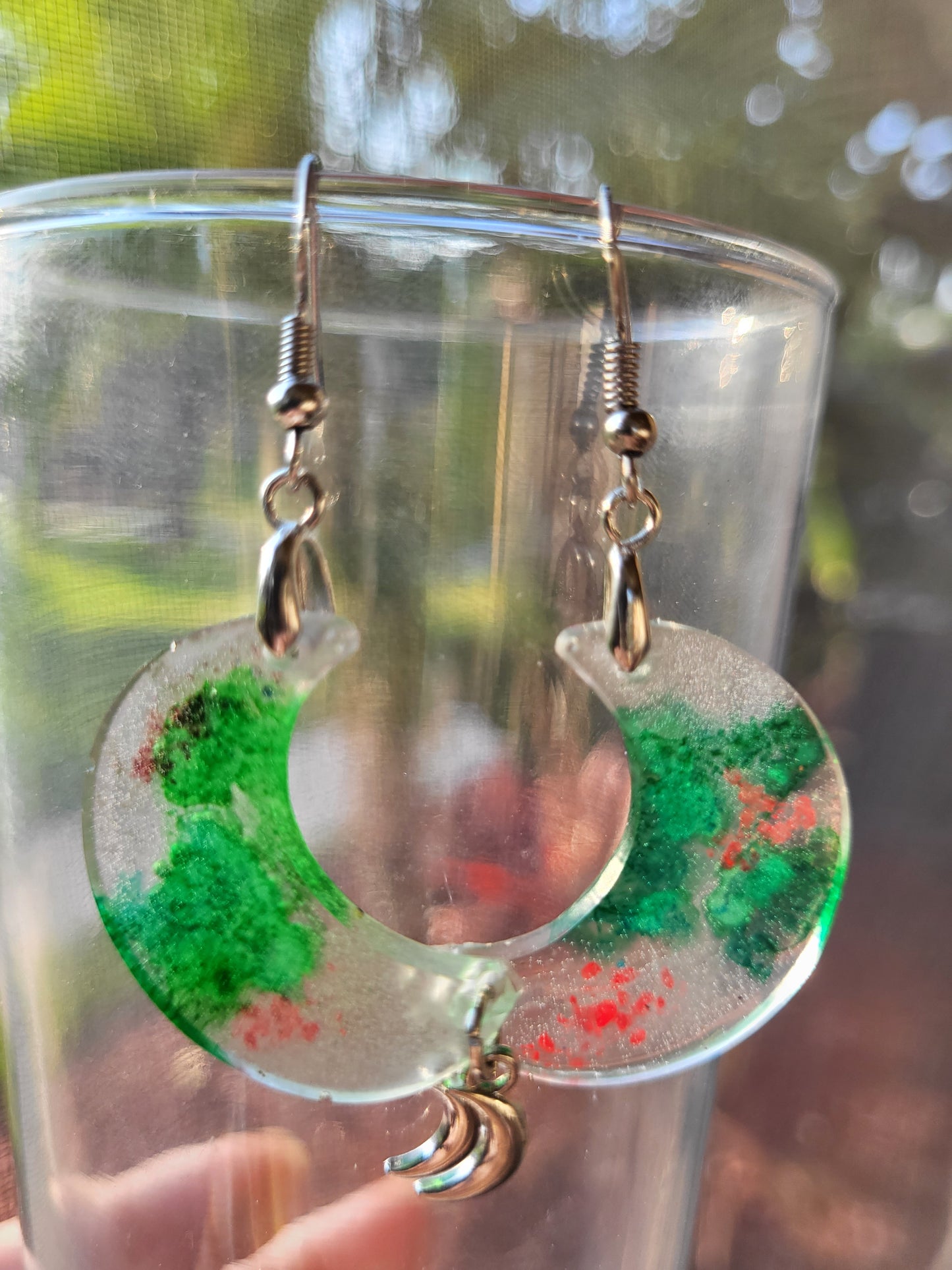 Silver and Green Moon Hook Earrings