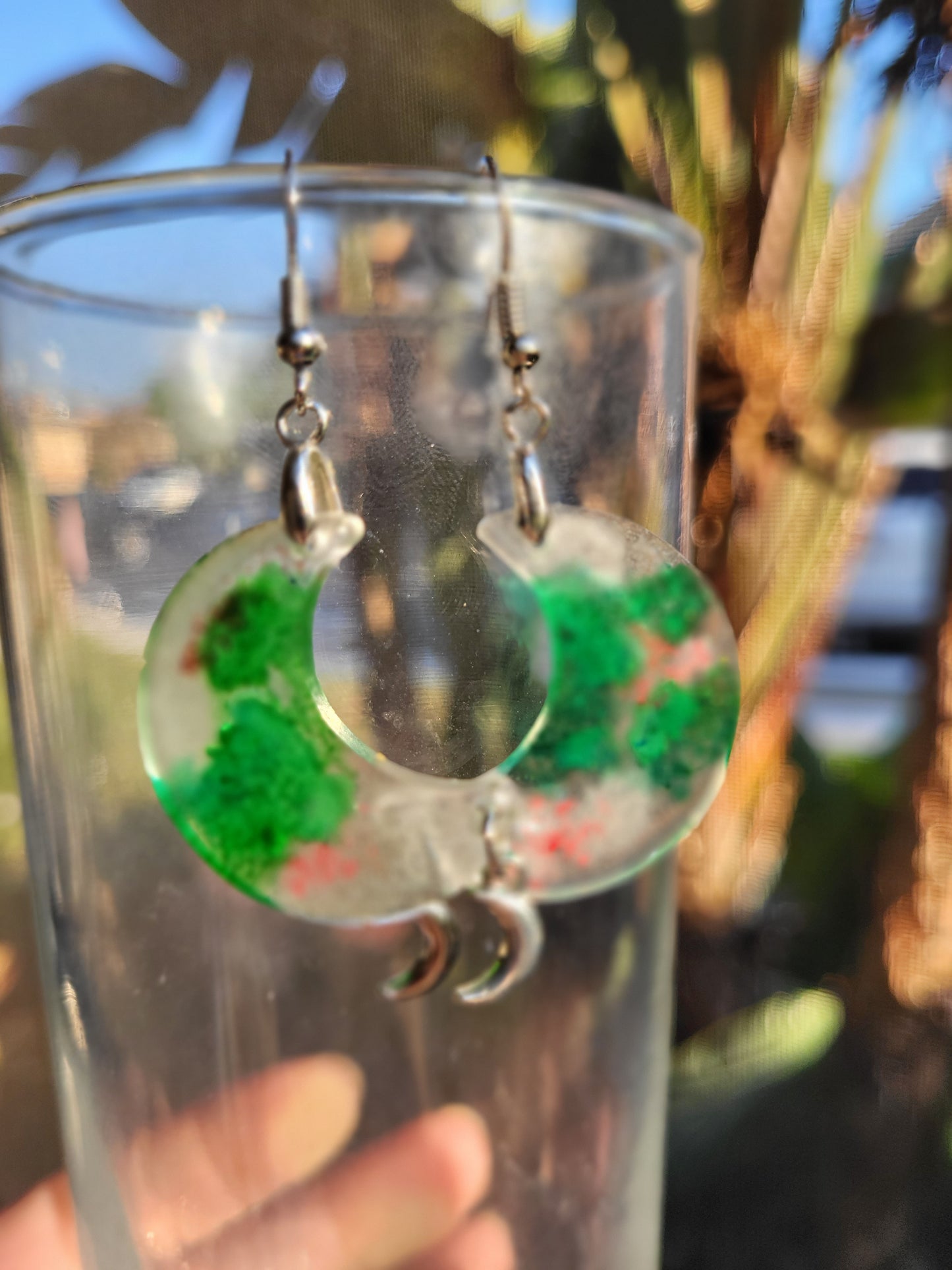 Silver and Green Moon Hook Earrings