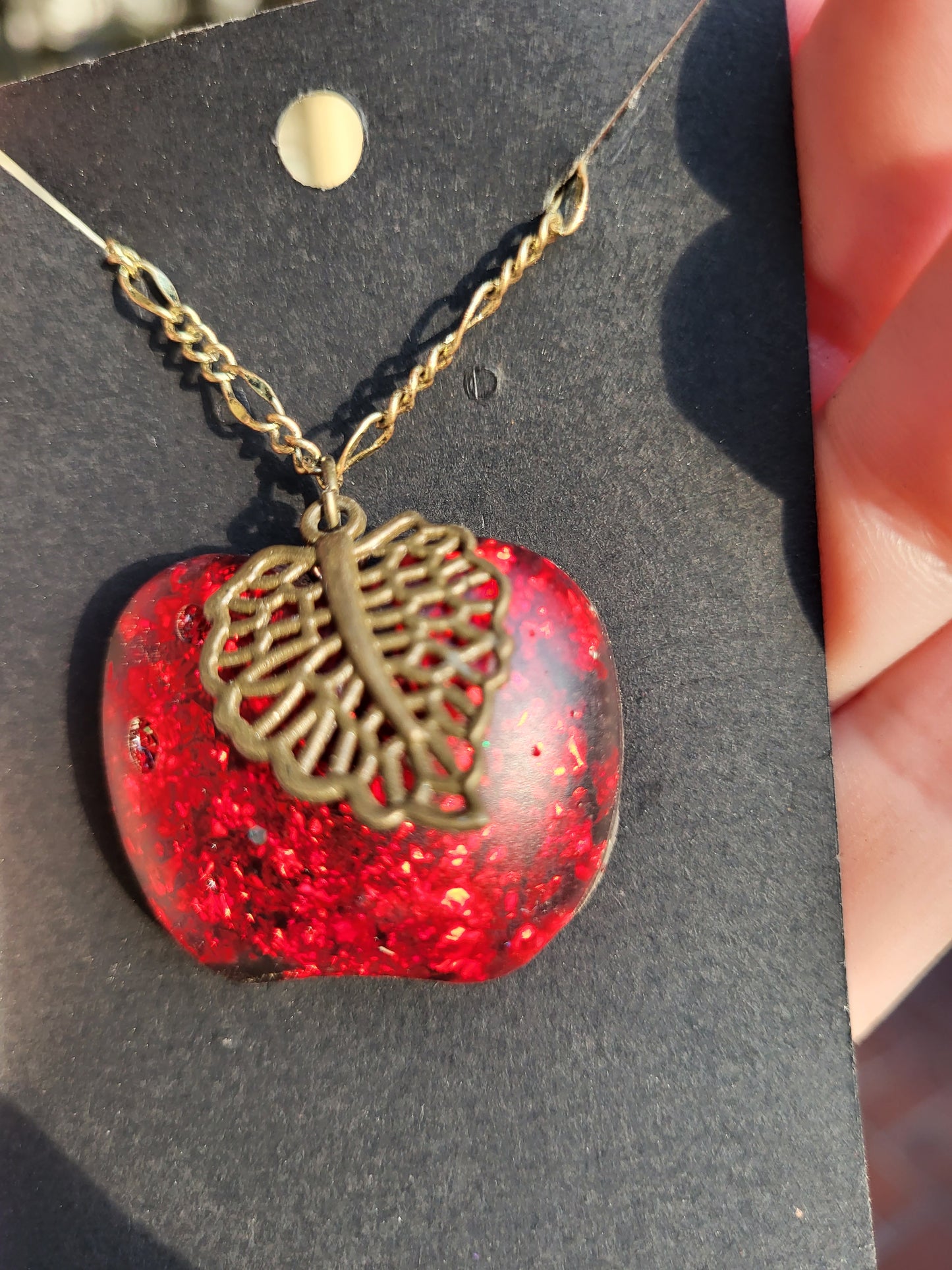 Red Apple Necklace With Leaf Charm