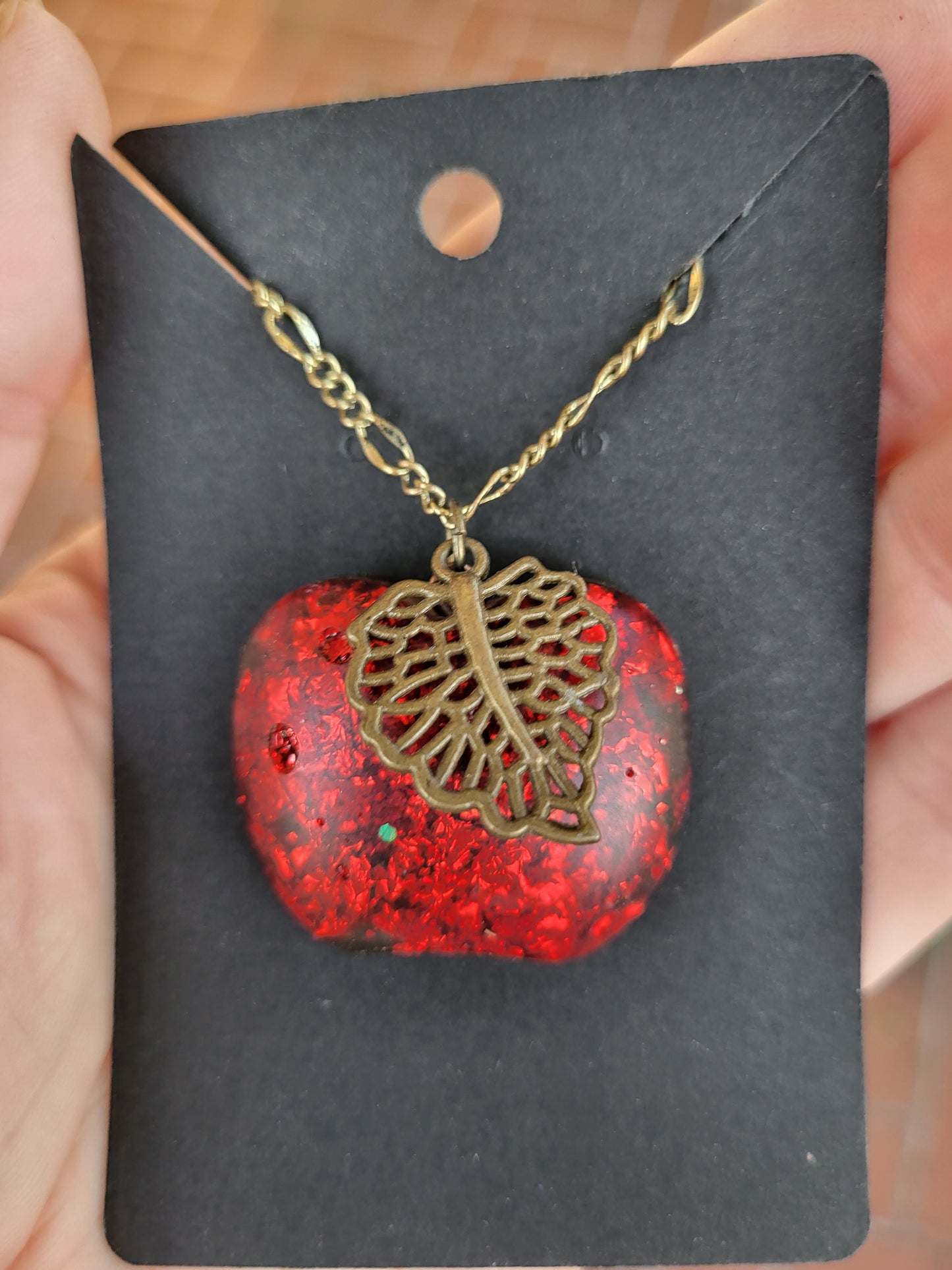 Red Apple Necklace With Leaf Charm