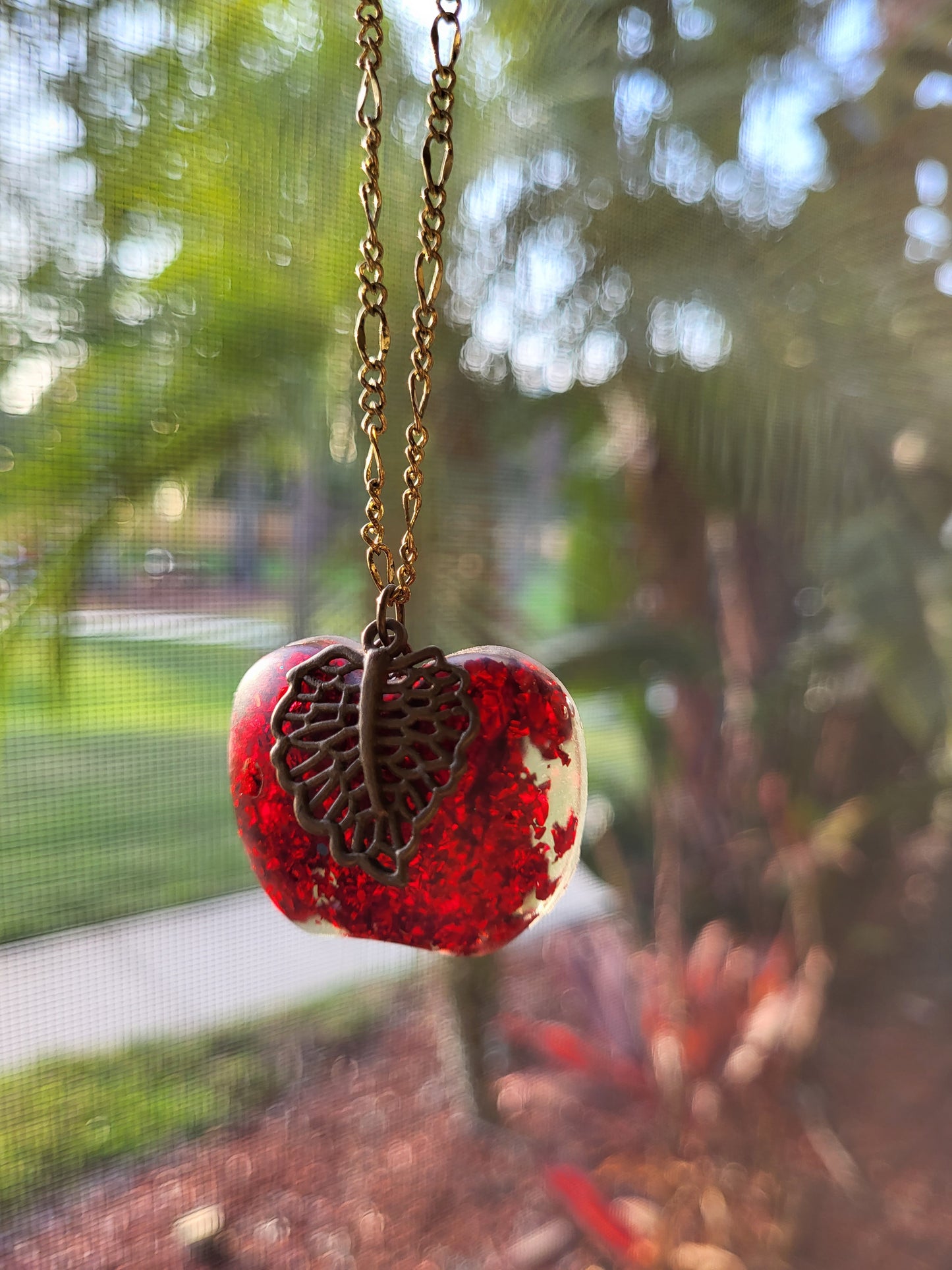 Red Apple Necklace With Leaf Charm