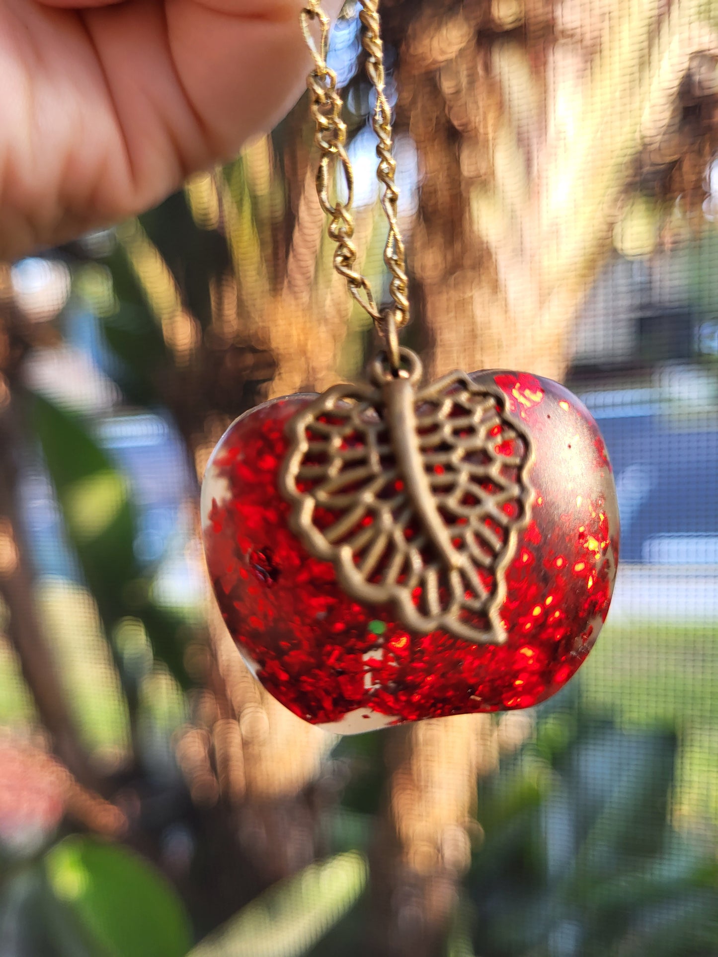 Red Apple Necklace With Leaf Charm