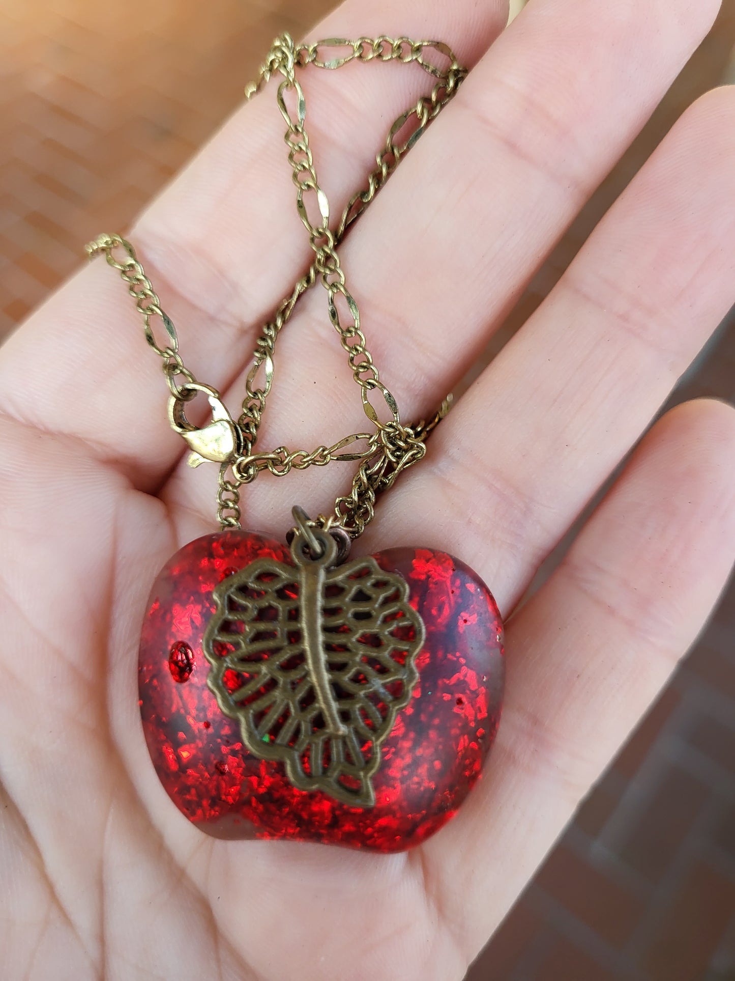 Red Apple Necklace With Leaf Charm