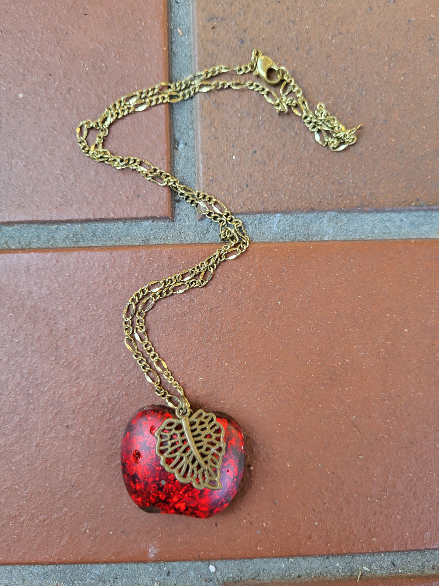 Red Apple Necklace With Leaf Charm