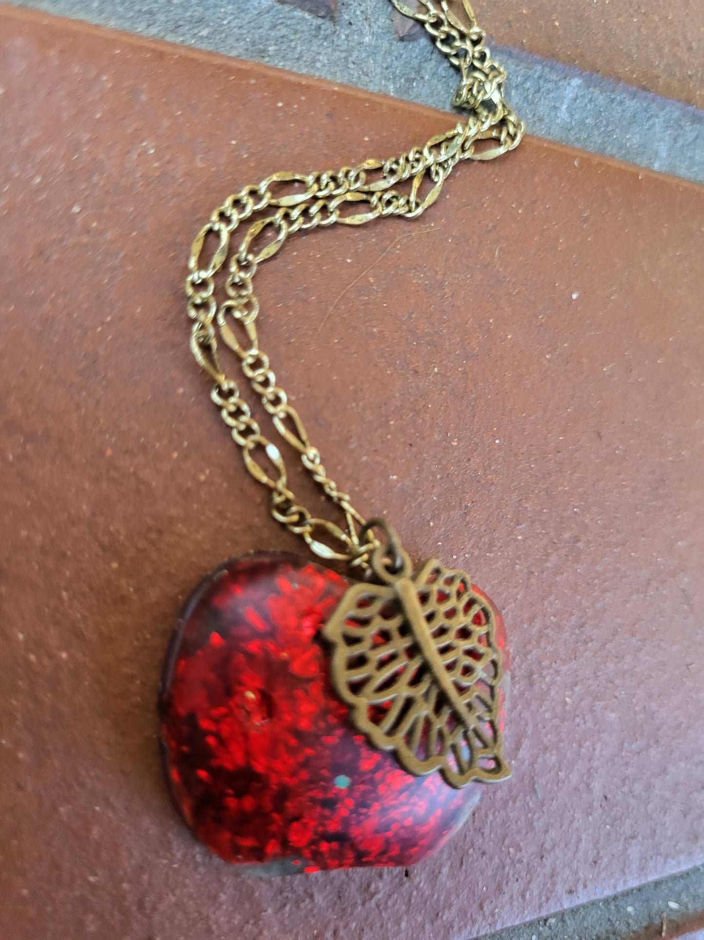 Red Apple Necklace With Leaf Charm