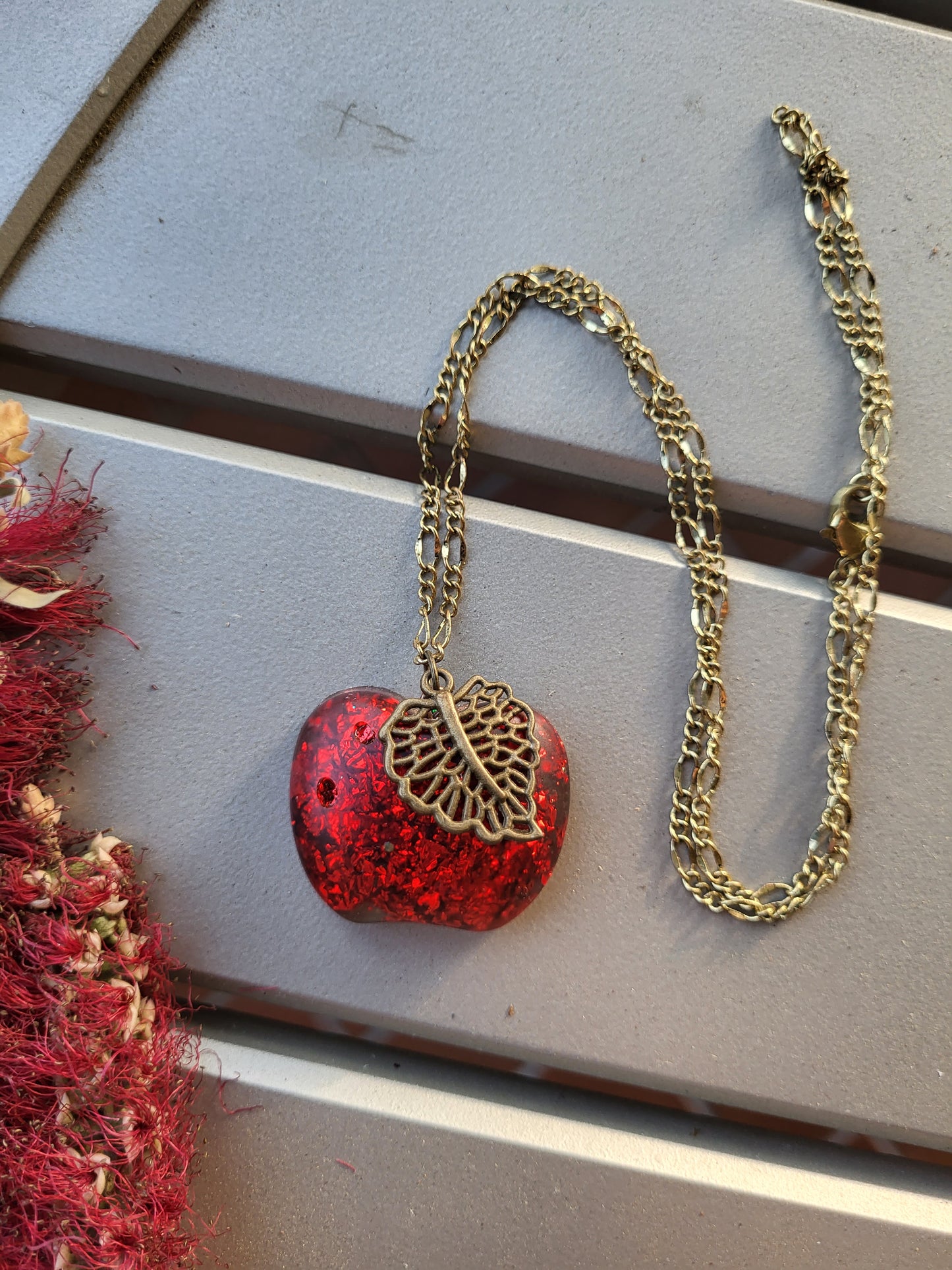 Red Apple Necklace With Leaf Charm