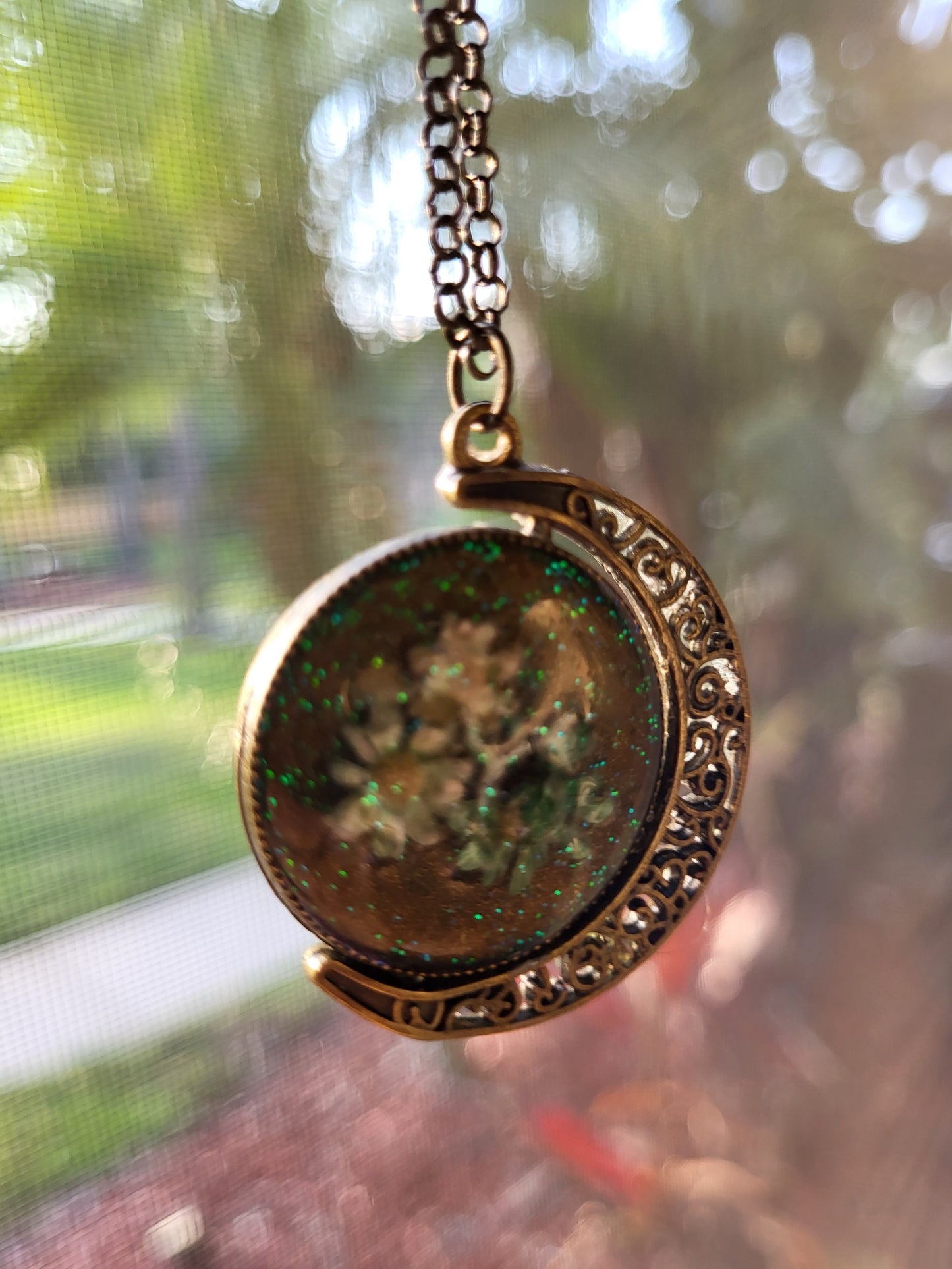 Ornate Moon Shaped Bronze Double Sided Pendant