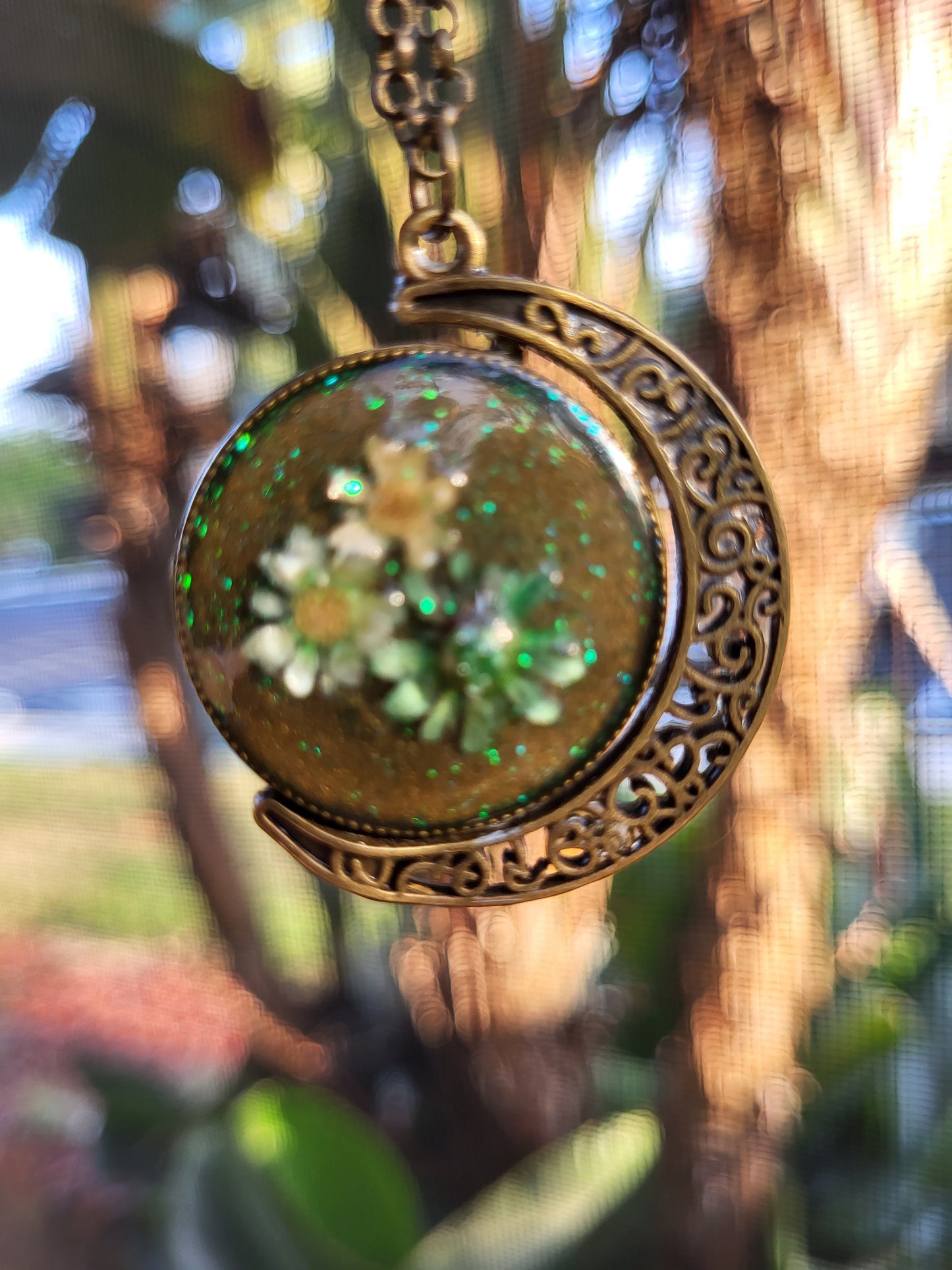 Ornate Moon Shaped Bronze Double Sided Pendant